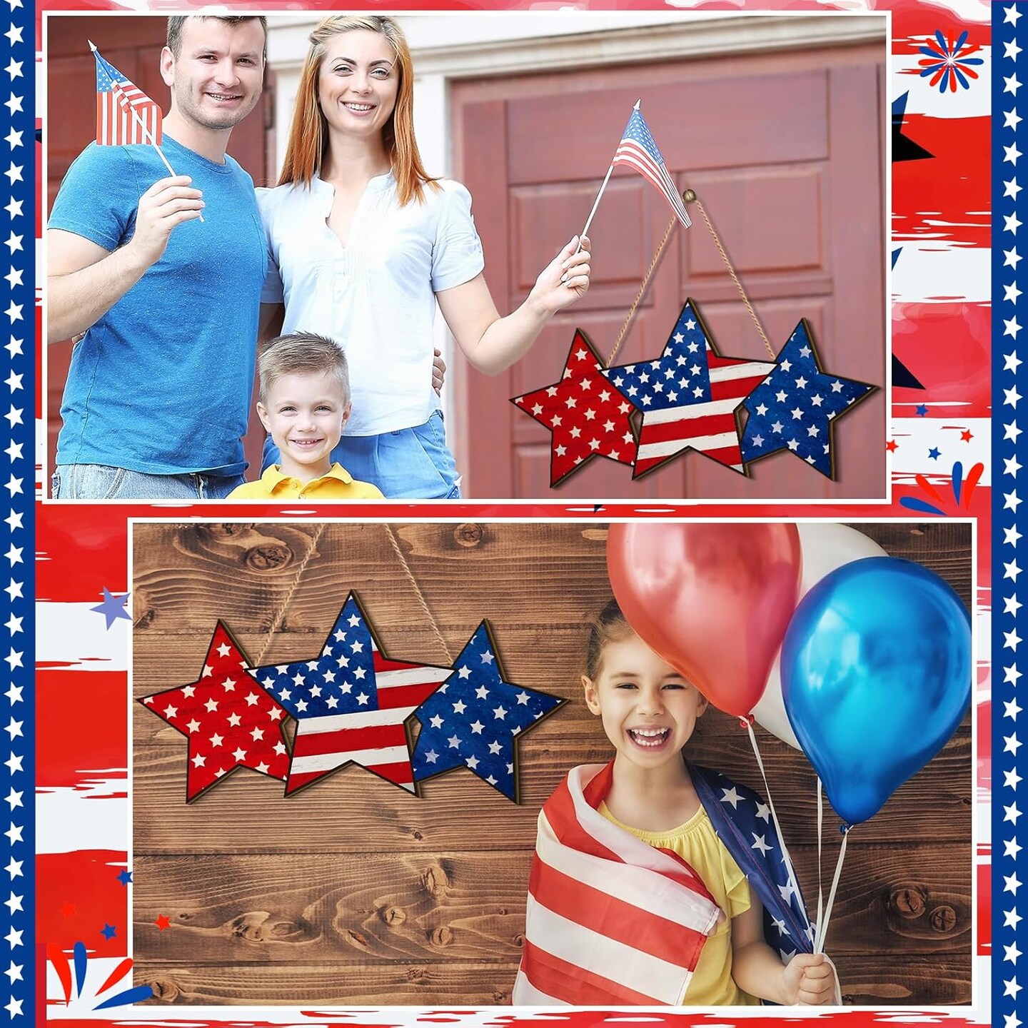 4th of July Hanging Door Sign Wooden Independence Day Decorations Patriotic Door Hanger American Rustic Wooden Plaque for Wall Front Porch Outdoor Farmhouse