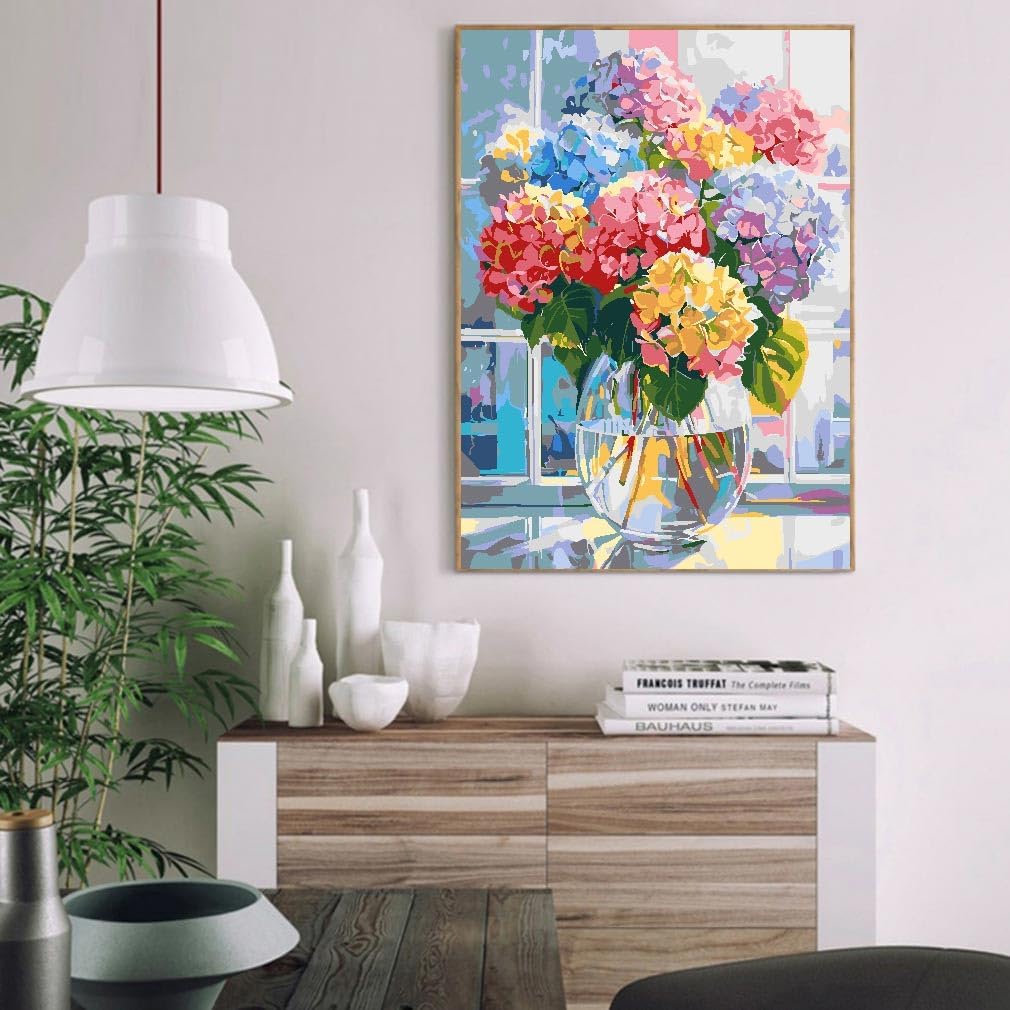 Paint by Numbers Kit for Adults Beginners - Hydrangea Flower Easy Acrylic Adult Paint by Number on Canvas, DIY Drawing Paintworks Artwork, Without Frame for Home Wall Decor (16x20 inch)