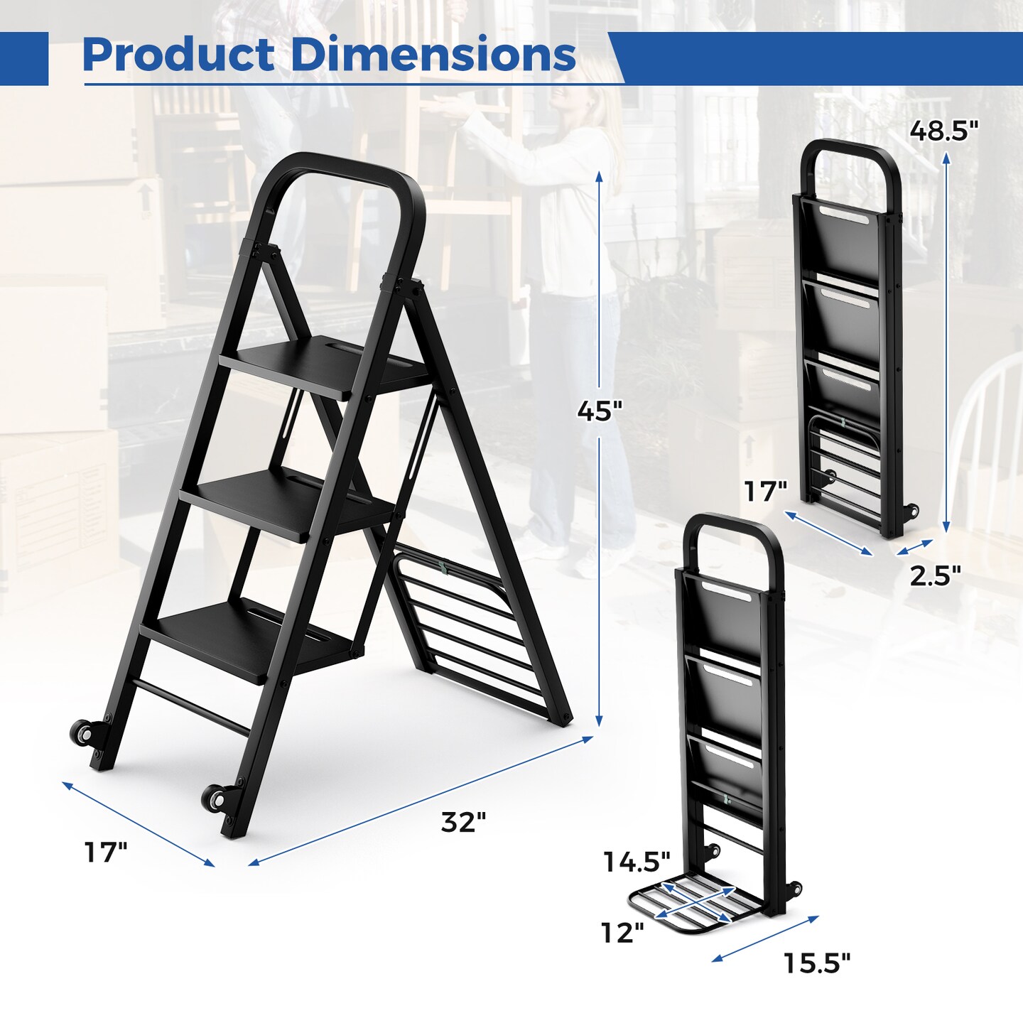 2 in 1 Black Metal Hand Truck and Step Ladder with Rubber Wheels and 3 Wide Pedals