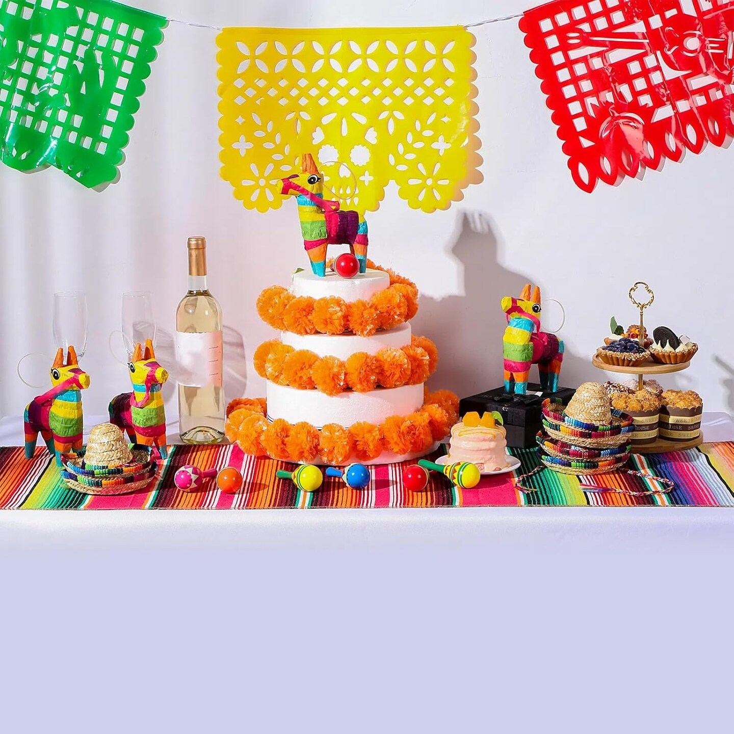 6 Pcs Mexican Decor Fiesta Decorations Include 6 Donkey Pinatas 12 Large Fiesta Maracas 2 Mexican Serape Table Runners 6 Mexican Sombrero Hats for Mexican Decorations Favors(Boho)