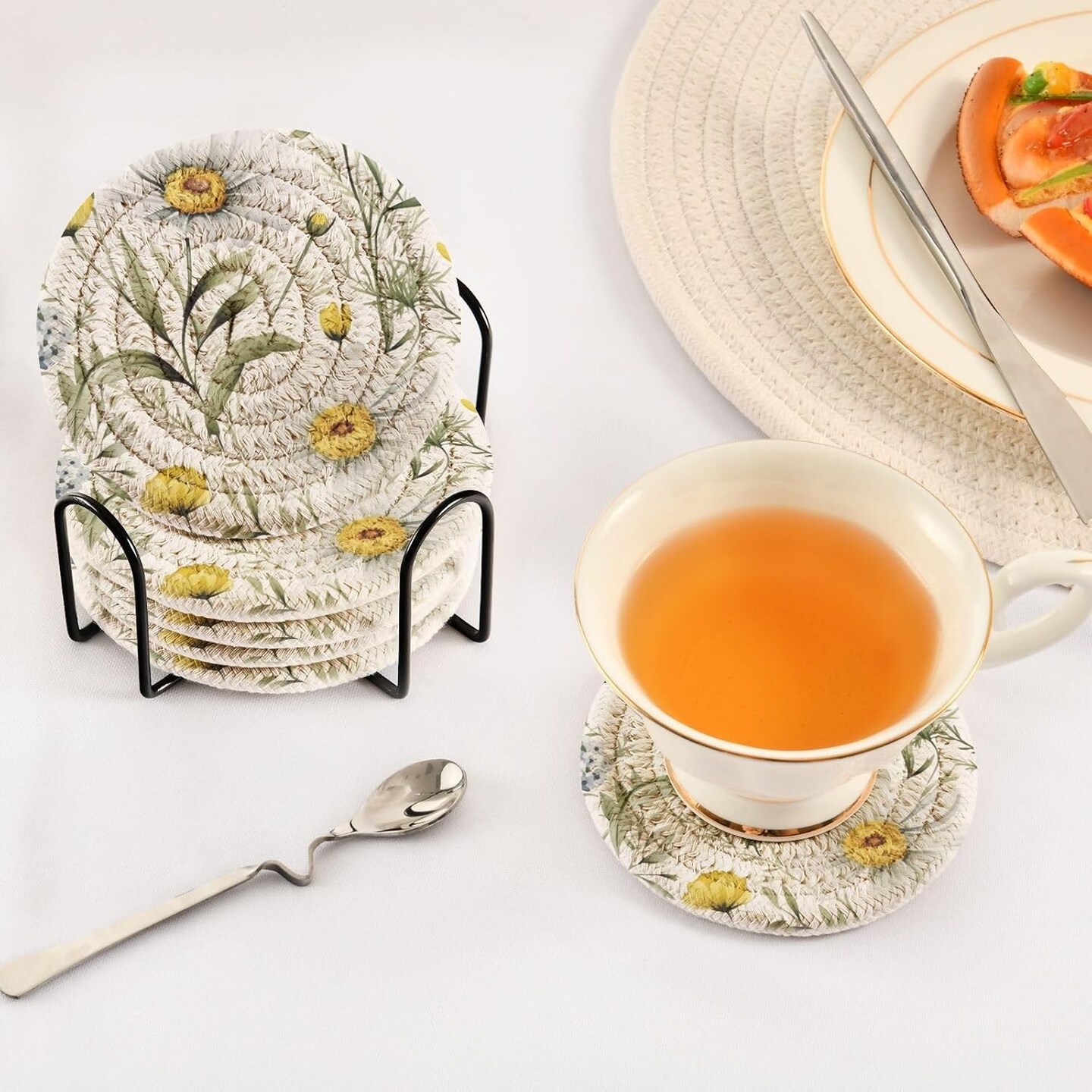 6 Pcs Minimalist Woven Coasters with Holder for Home Decor