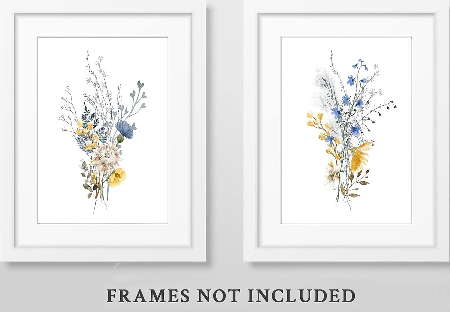 Summer Flower Botanical Wall Decor, Vintage Floral Nature Decor, Wildflower Branch Leaf Watercolor in Blue, Yellow, Neutral, Rustic Cottage Country Farmhouse Artwork Prints for Bedroom, Unframed 11x14 Set of 2