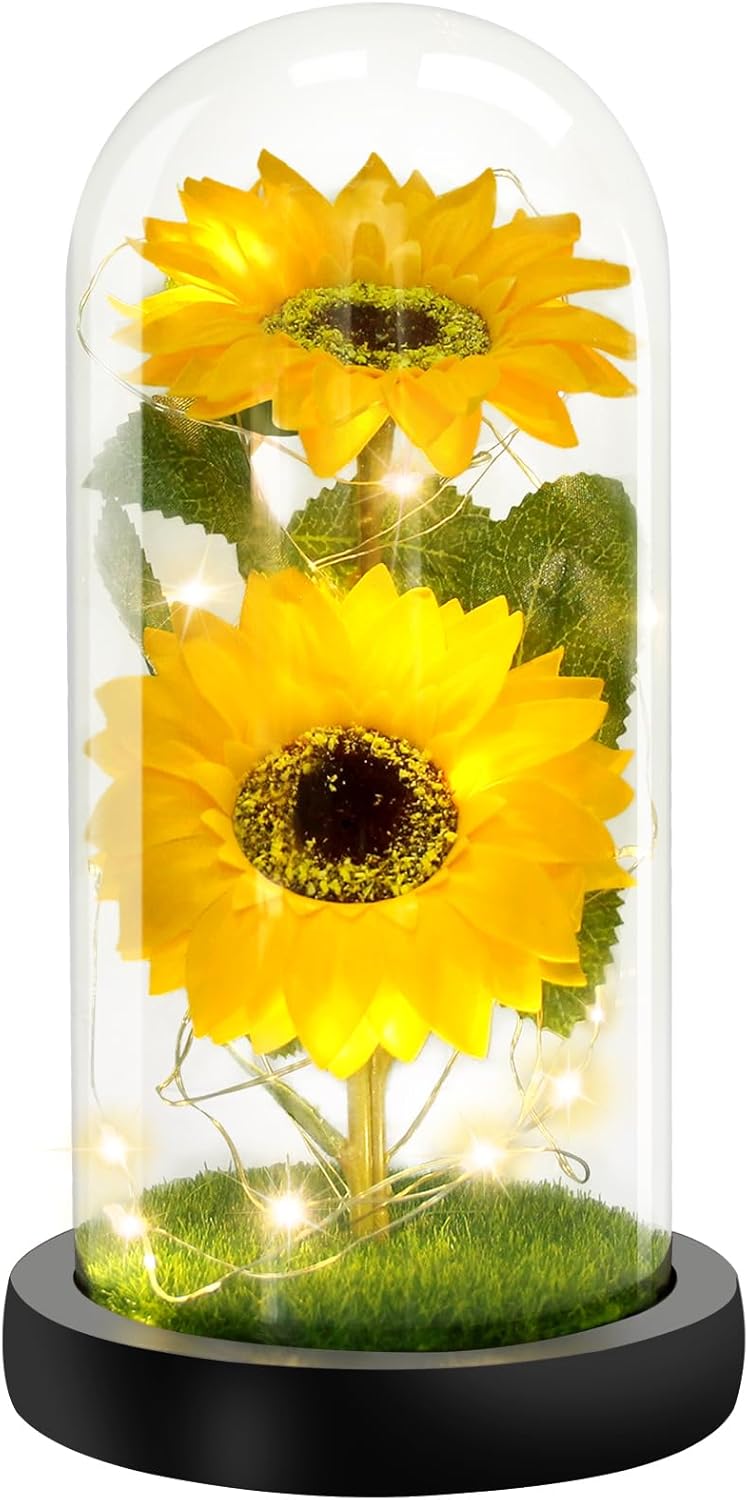 Mothers Day Flower Gifts for Mom Gift Grandma Sunflowers in Glass Dome Forever Sunflower Birthday Gift for Women Eternal Flower Lights Gifts for Anniversary Mothers Day Valentine Thanks