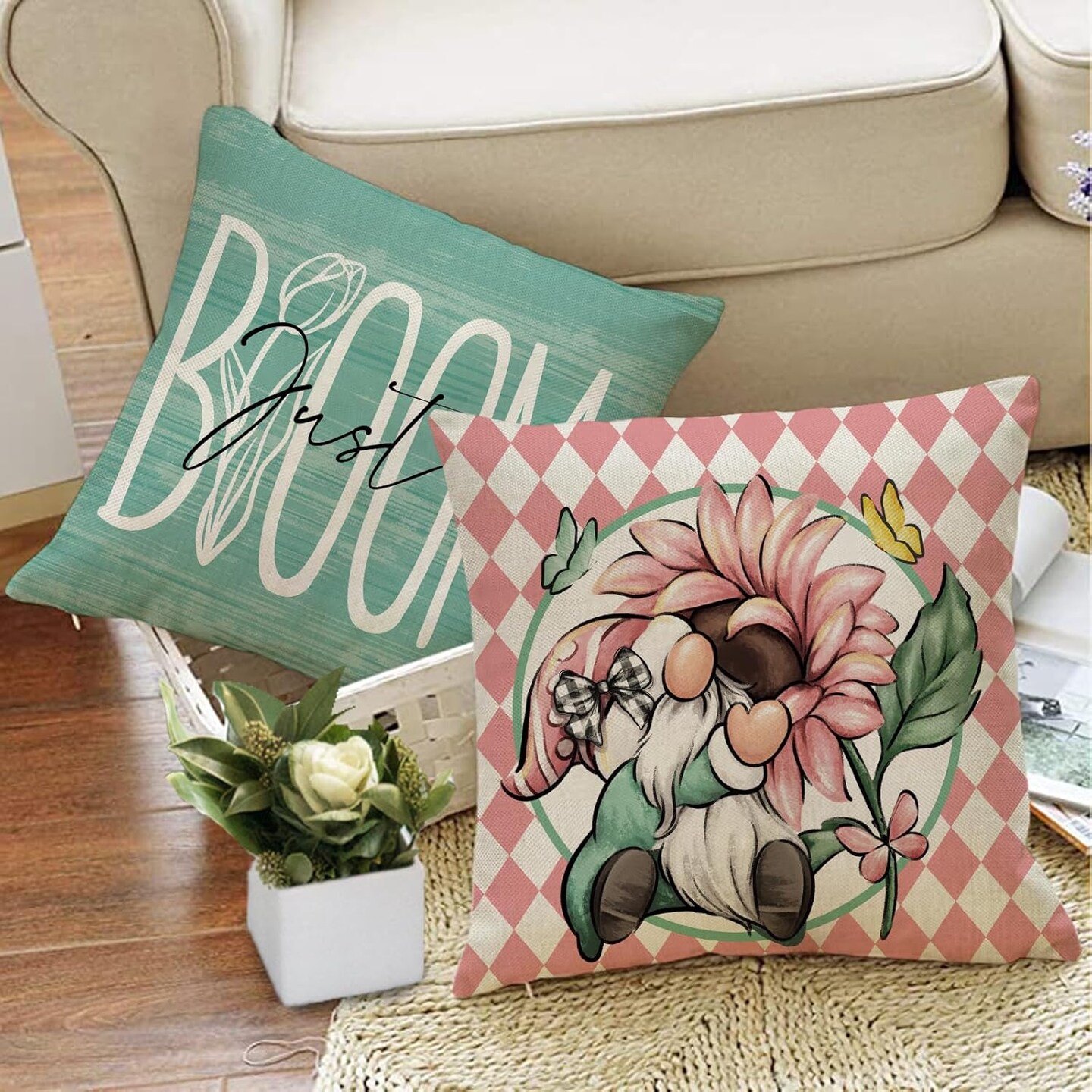 Hello Spring Gnome Sunflower Decorative Throw Pillow Covers 18 x 18 Set of 4, Tulip Flower Just Bloom Teal Porch Outdoor Home Decor, Pink Floral Butterfly Seasonal Couch Cushion Case
