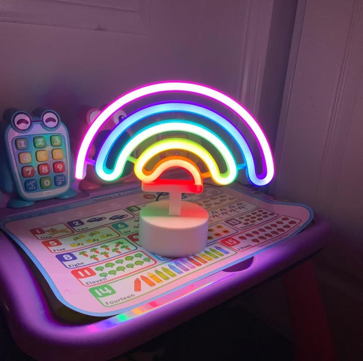 Summer Rainbow Neon Sign &#x2013; LED Neon Light Decor for Girls&#x2019; Room, Battery Operated Table Lamp for Classroom, Party, and Bedroom