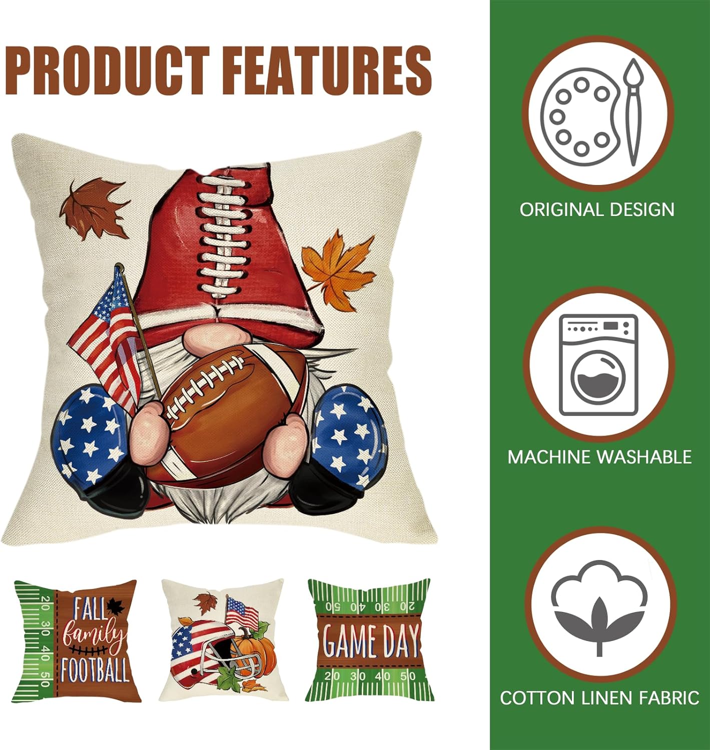 Fall Family Football Decorative Throw Pillow Covers 18 x 18 Set of 4, Autumn Game Day Gnome Helmet Porch Patio Outdoor Pillowcase