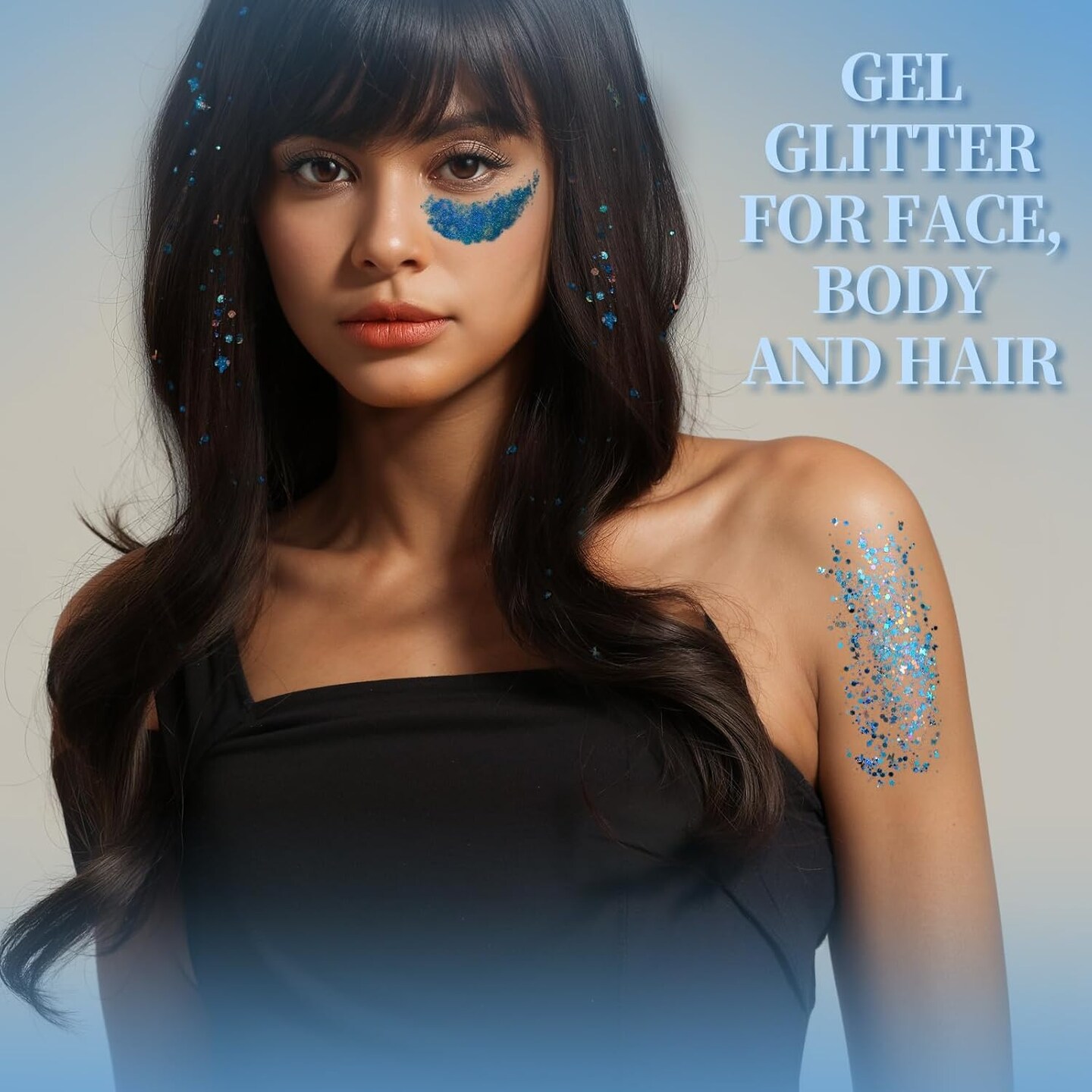 Face &#x26; Body Glitter - Blue, Hair Glitter Gel, 6 Shapes Festival Makeup Glitter for Face, Hair &#x26; Body