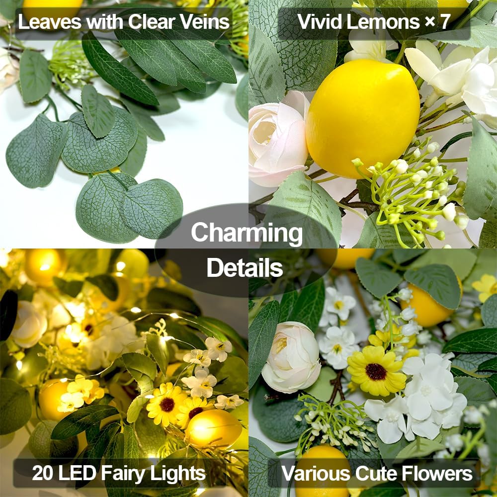 Lemon Door Swag with Lights 27.6&#x22; Summer Wreaths for Front Door