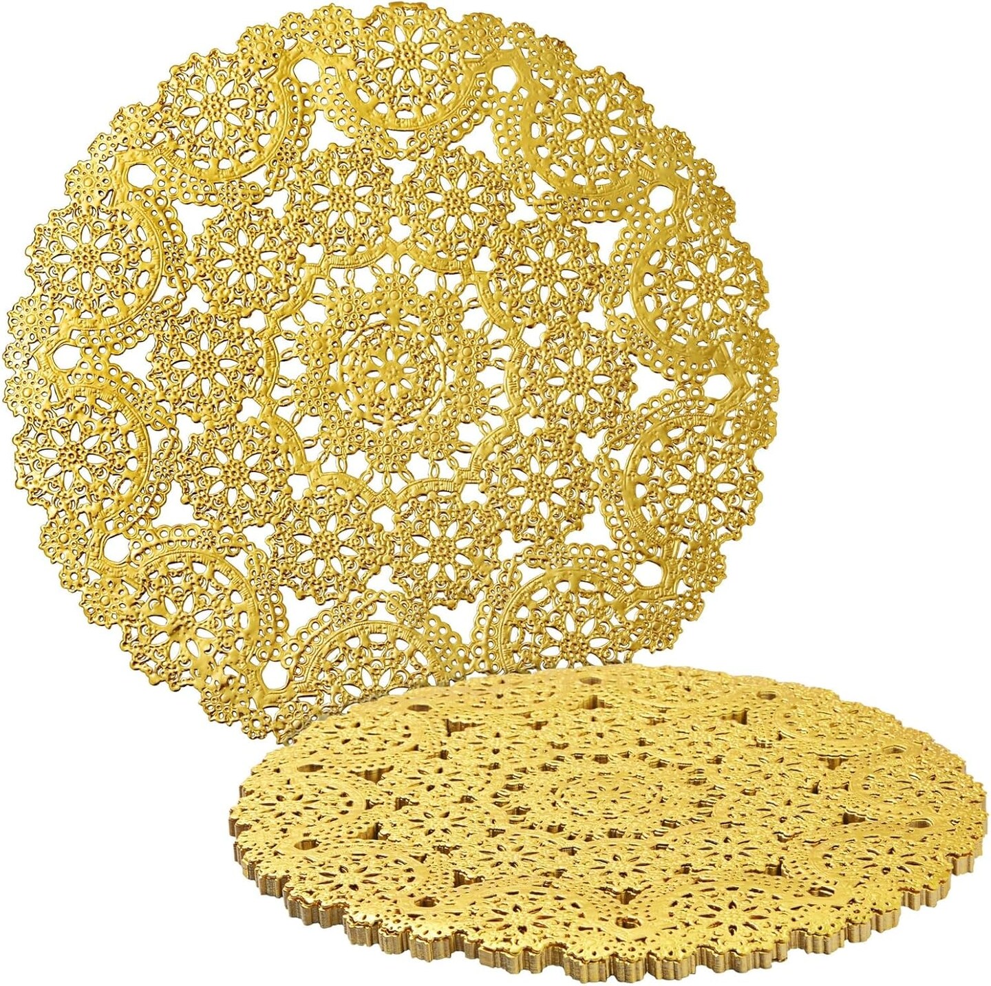 60 Pack 10 Inch Gold Paper Doilies for Dining Table, Round Decorative Medallion Lace Placemats for Wedding
