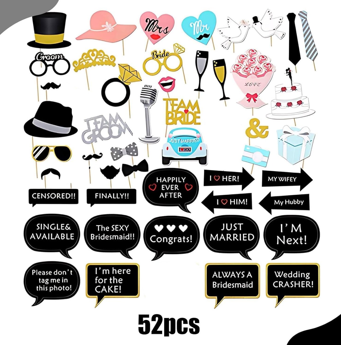 52Pcs Wedding Photo Booth Props Kit for Bridal Shower, Engagement and Valentines Party