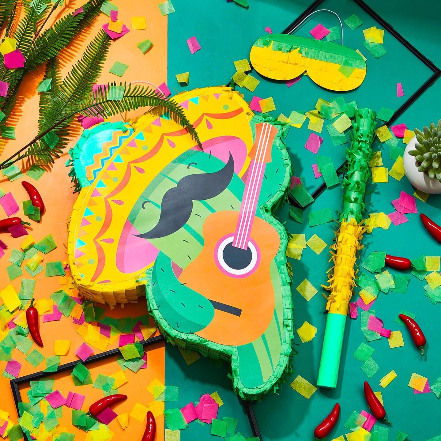 Cactus Piñata Mini Sombrero Party Hats Mexican Fiesta Decorations with Piñata Stick Blindfold Confetti Set, 16.1 x 13 x 3 Inch