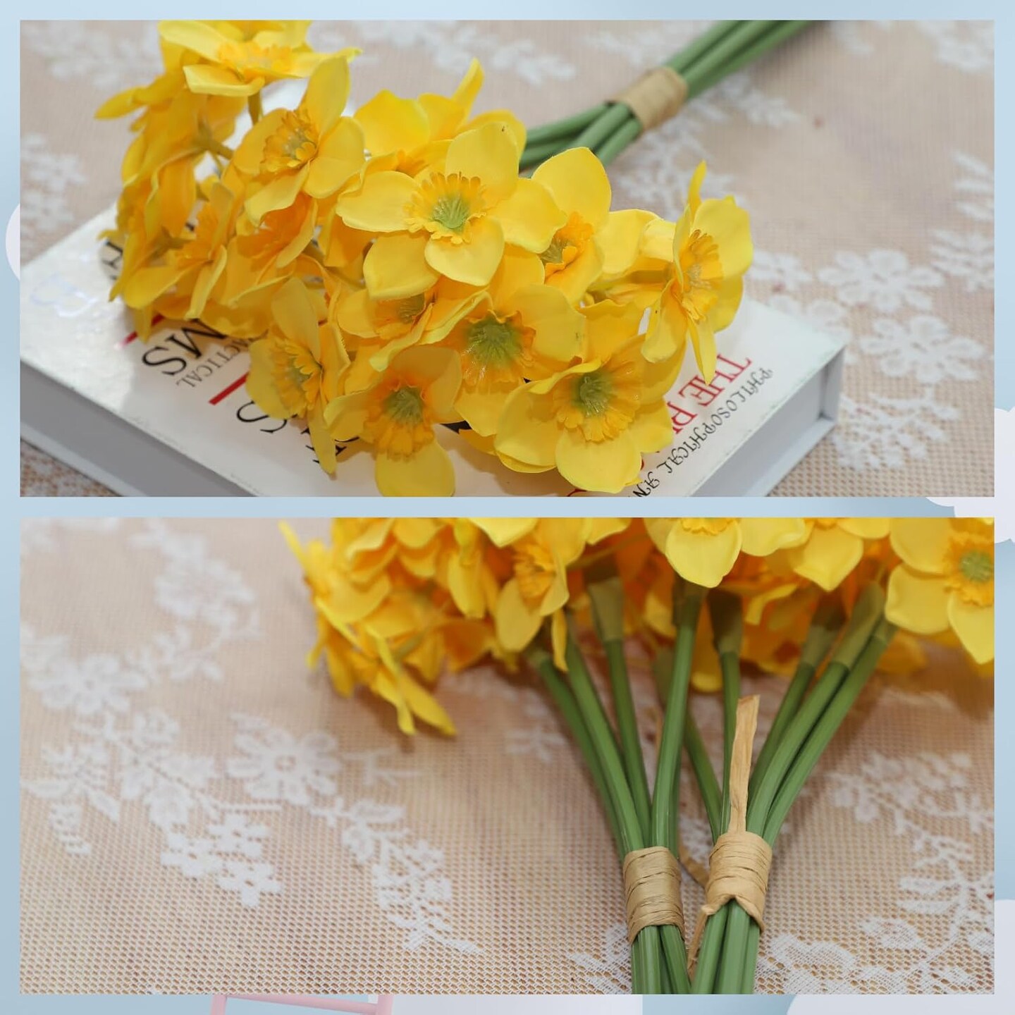Summer Artificial Daffodil Silk Floral Arrangement – 2 Bundles, Yellow Decorative Home and Office Accent