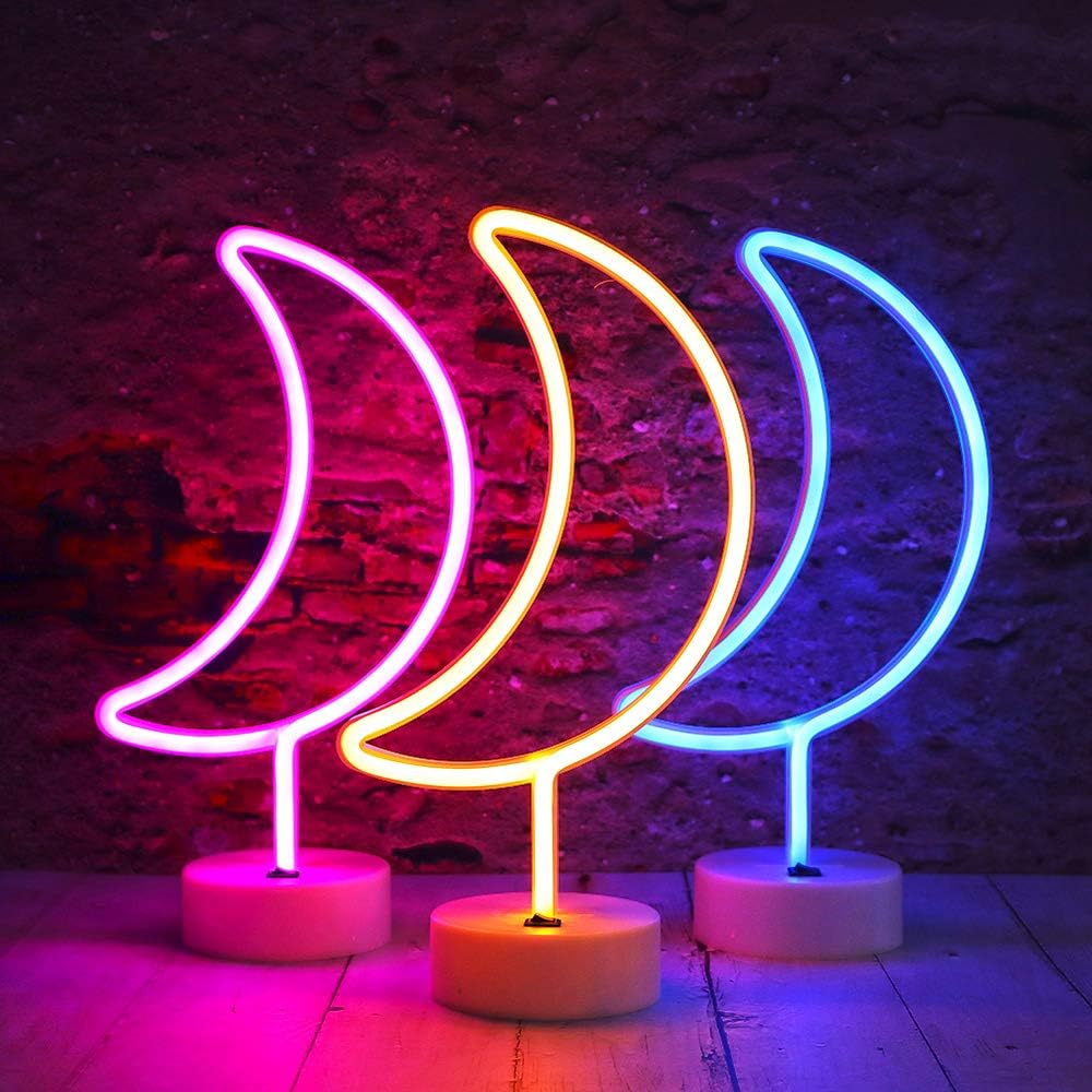 Summer LED Neon Moon Lights – Crescent Moon Shape Neon Sign, Battery Operated Table Lamp for Bedroom & Home Decor
