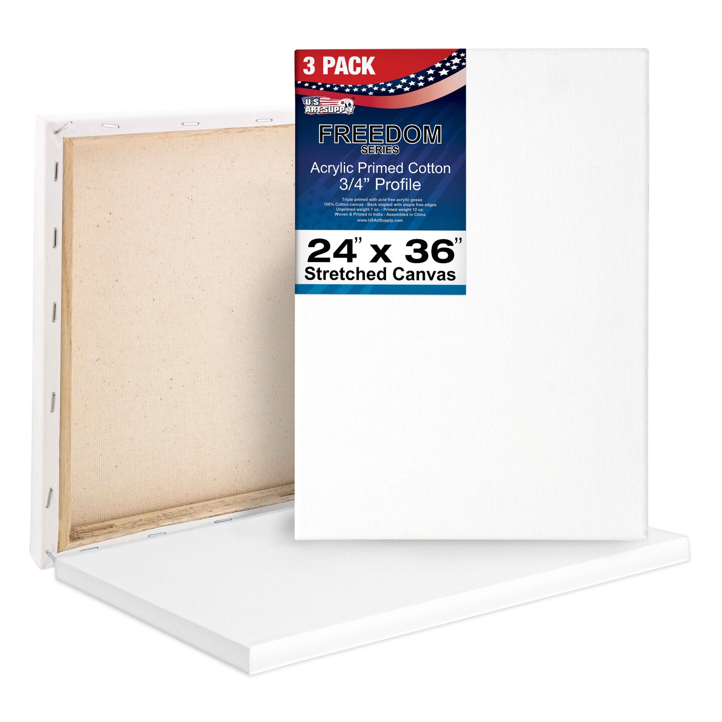 24 x 36 inch Stretched Canvas 12-Ounce Triple Primed, 3-Pack - Professional Artist Quality White Blank 3/4&#x22; Profile, 100% Cotton, Heavy-Weight Gesso
