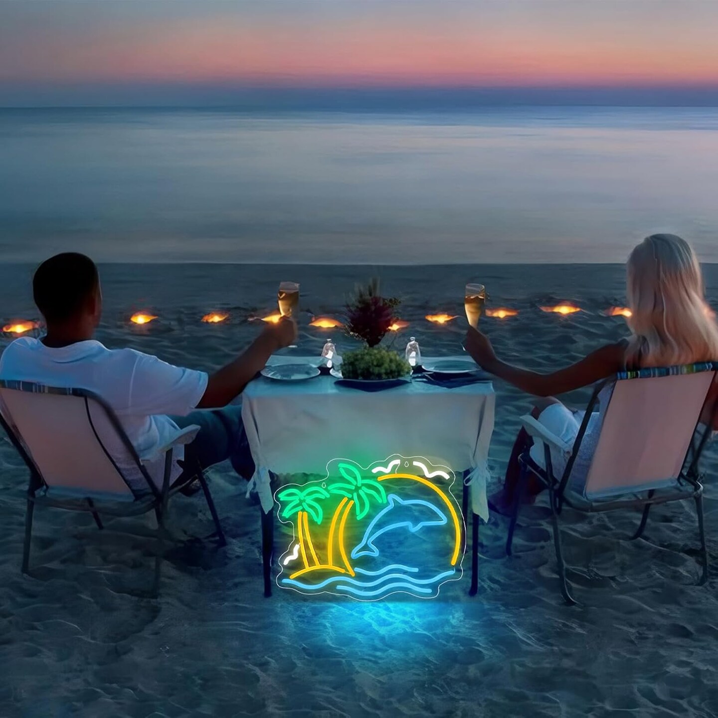 Summer Palm Tree &#x26; Dolphin Neon Signs for Wall Decor, Summer Sunrise Wave LED Light Signs for Bedroom, Tropical Neon Lights Signs