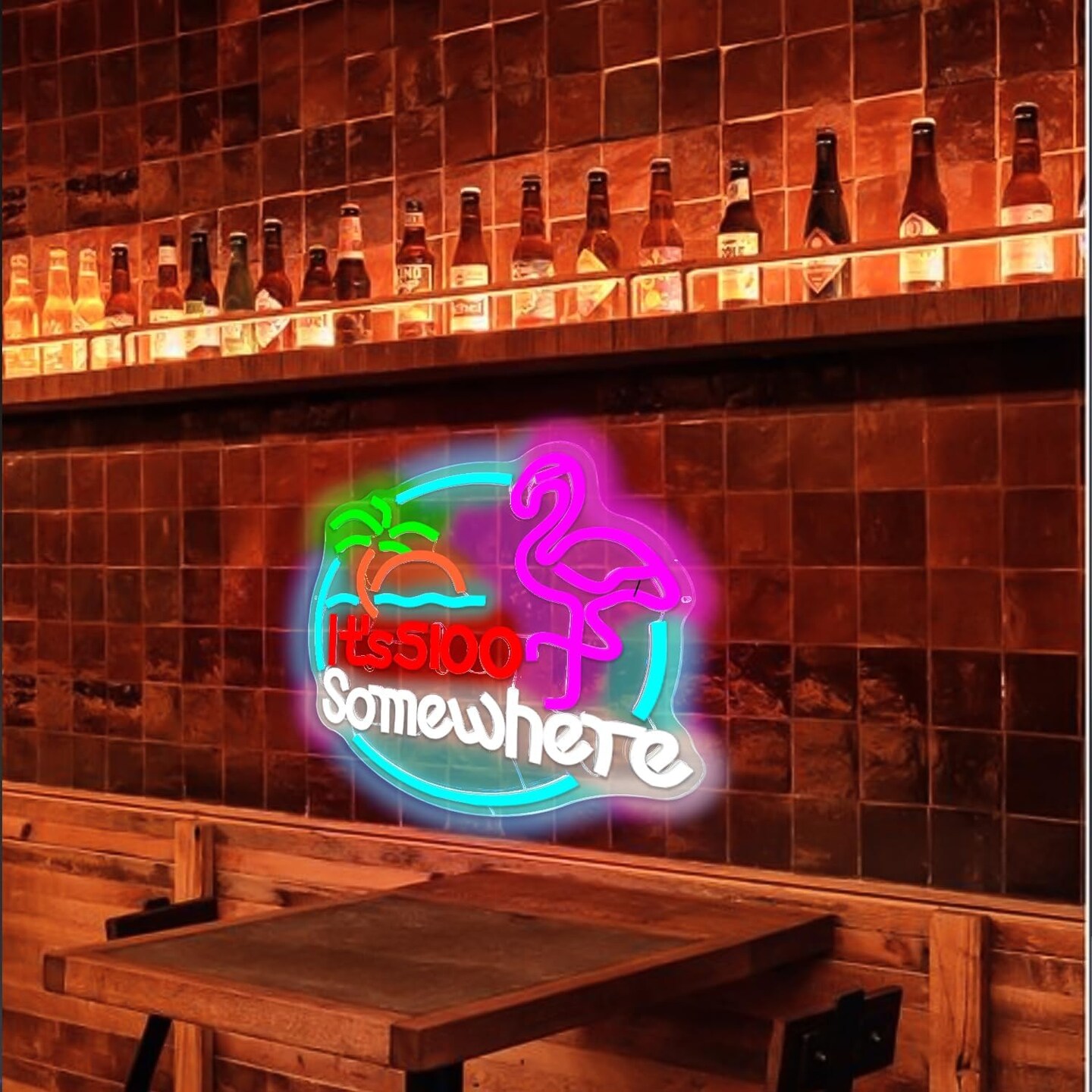 Summer Flamingo &#x22;It&#x2019;s 5:00 Somewhere&#x22; Neon Sign &#x2013; Tropical Summer LED Wall Light for Tiki Bars, Home Bars, Patios &#x26; Poolside Vibes