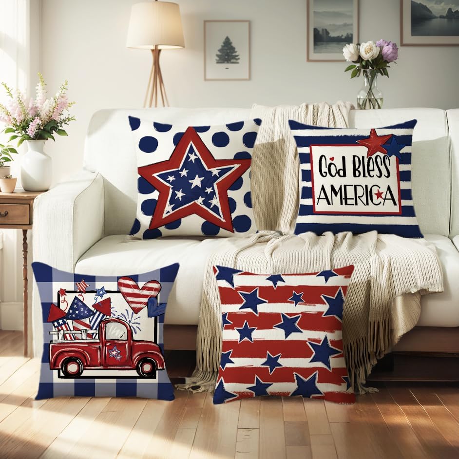4 Pack Throw Pillow Covers for 4th of July Decorations