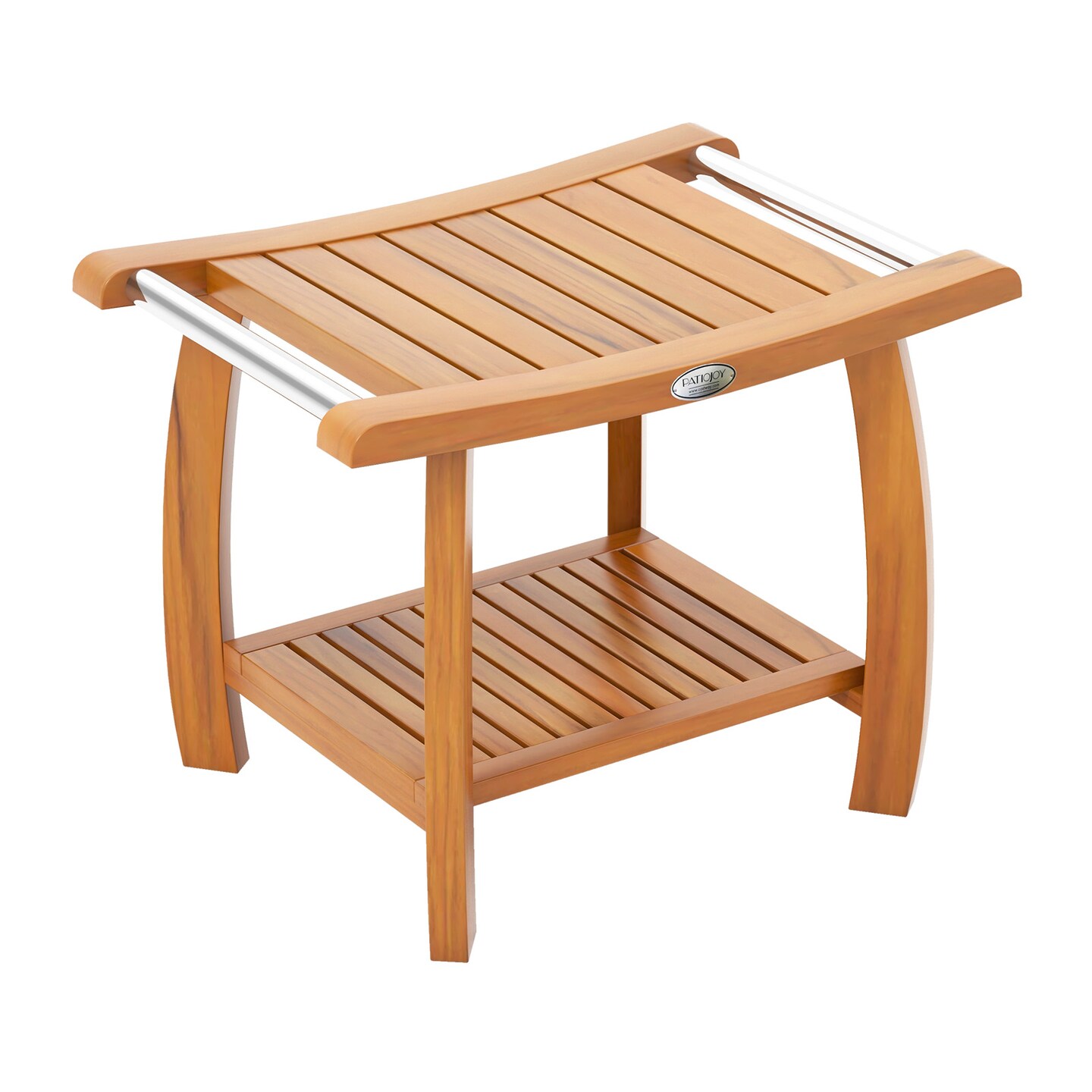 2-Tier Teak Wood Shower Bench Stool with Curved Seat and Handles Ideal Use as Plant Stand or Side Table