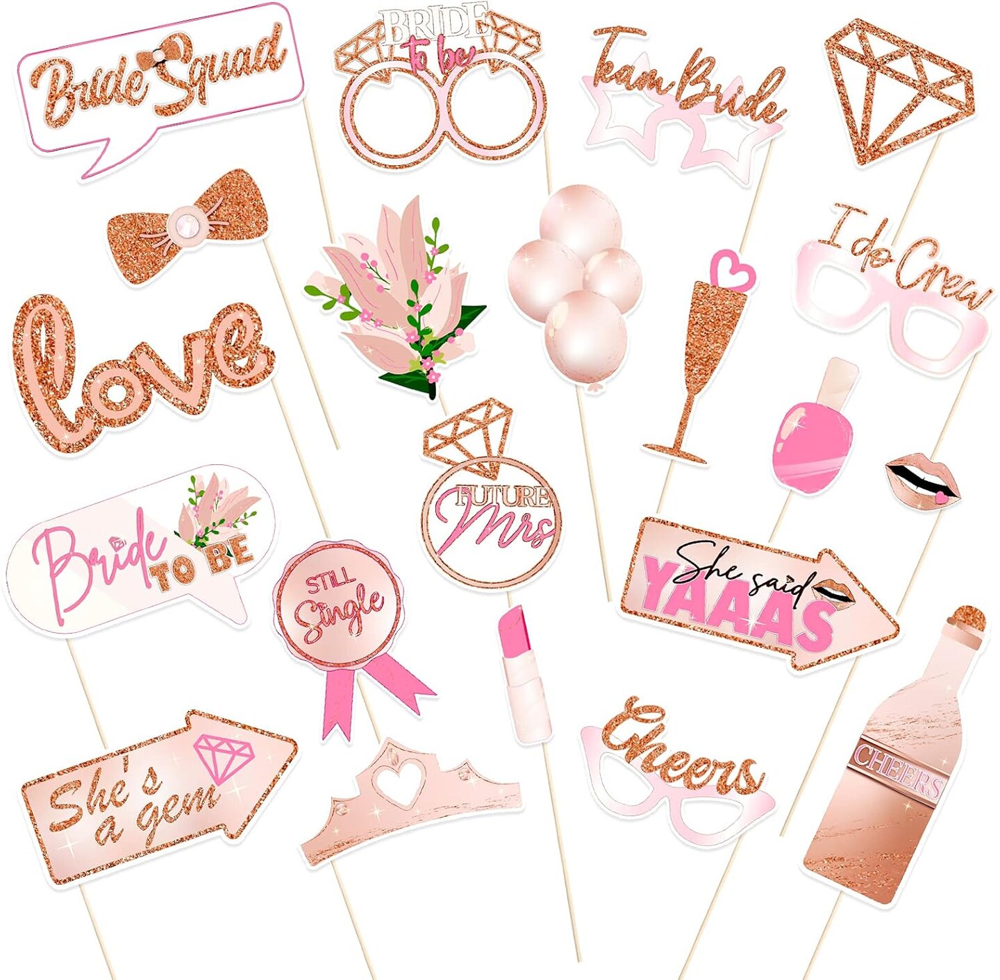 Bridal Shower Photo Booth Props Kit(21 Count), Rose Gold Wedding Hen Party Funny Selfie Props, Bride to Be Night Party Photo Props Decoration Accessories, with Bamboo Sticks& Stickers