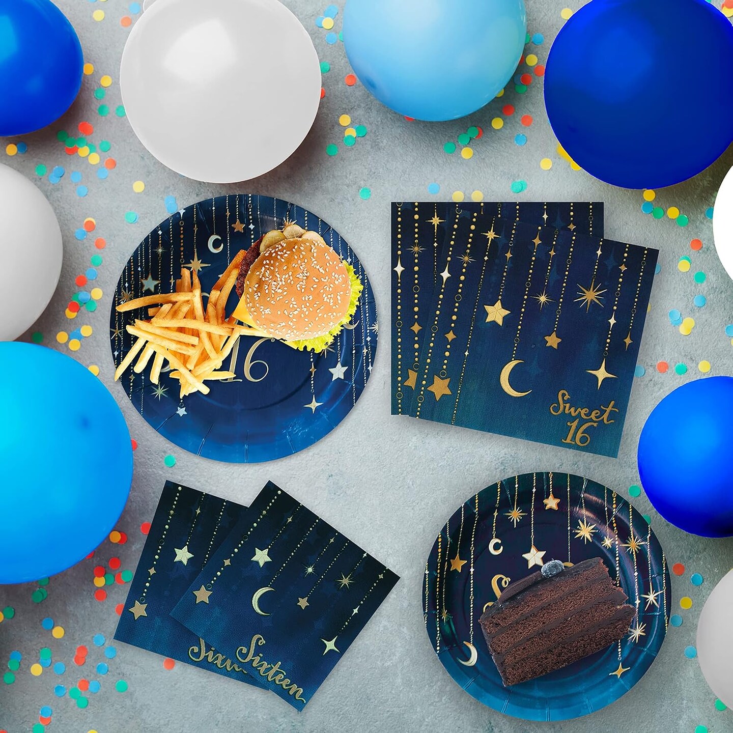 Sweet 16 Birthday Party for 16 guests! Includes 16 ea. 9&#x22; Plates, 7&#x22; Plates, Luncheon Napkins and Beverage Napkins. Navy &#x26; Gold Starry Night Design
