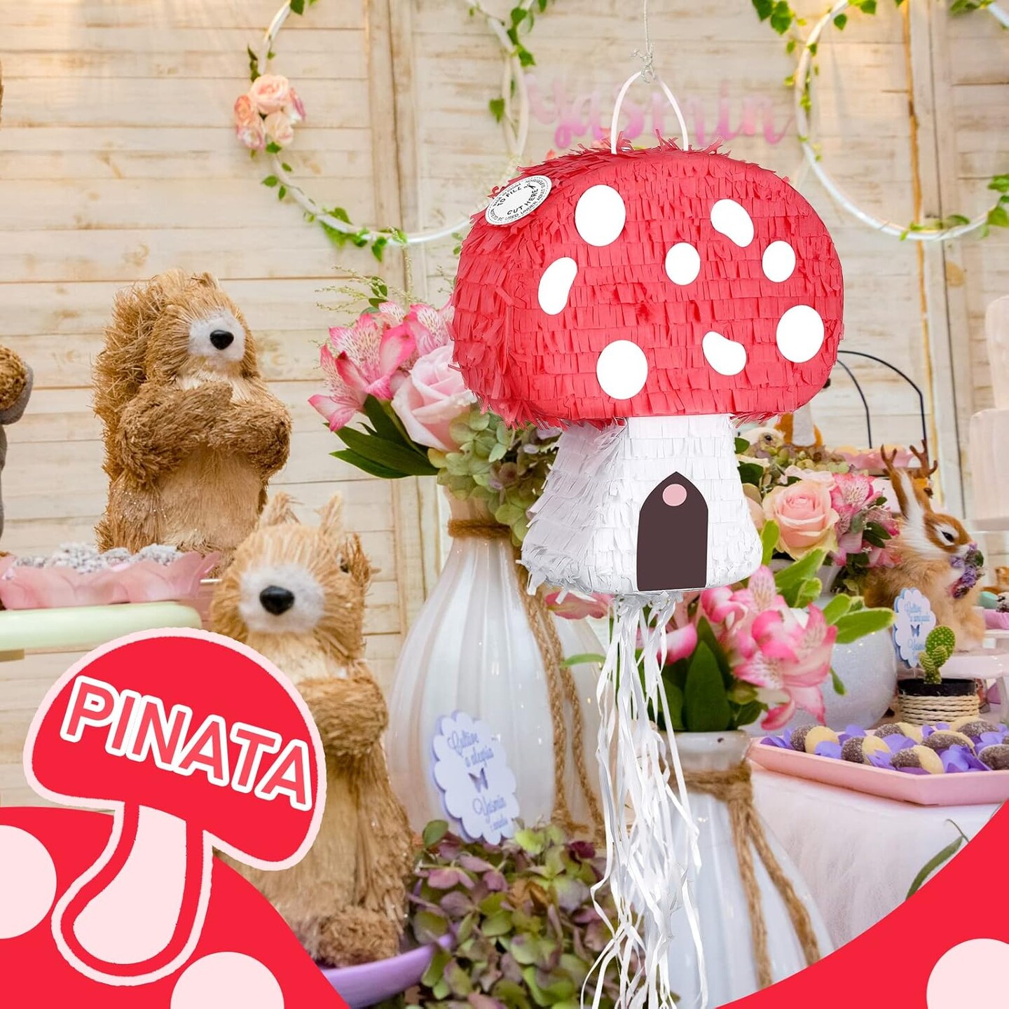 Mushroom Pinata with Stick and Blindfold, Paper, Baby Shower, Fantasy Theme Decoration