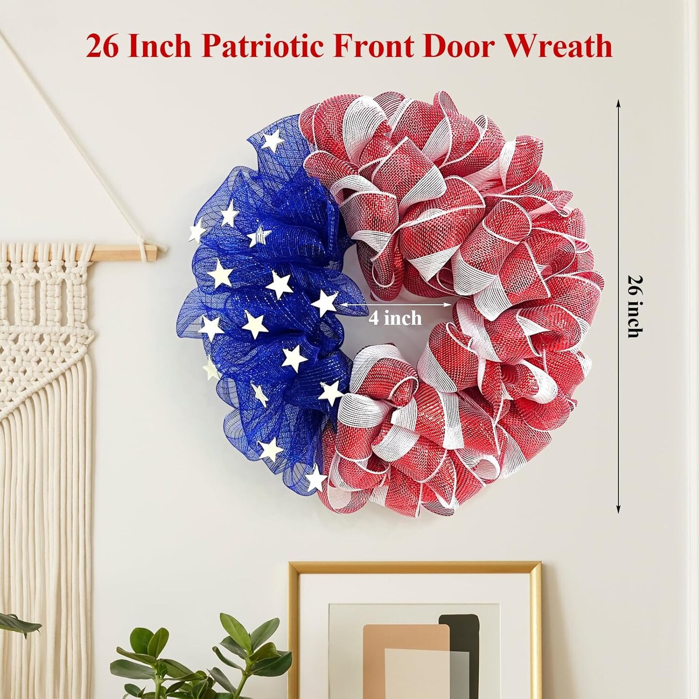 26 Inch Mesh Patriotic Front Door Wreath, 4th July Independence Day Wreath America Patriotic Flag Burlap Farmhouse Decor, Memorial Day Americana Summer Front Window Hanging Decor