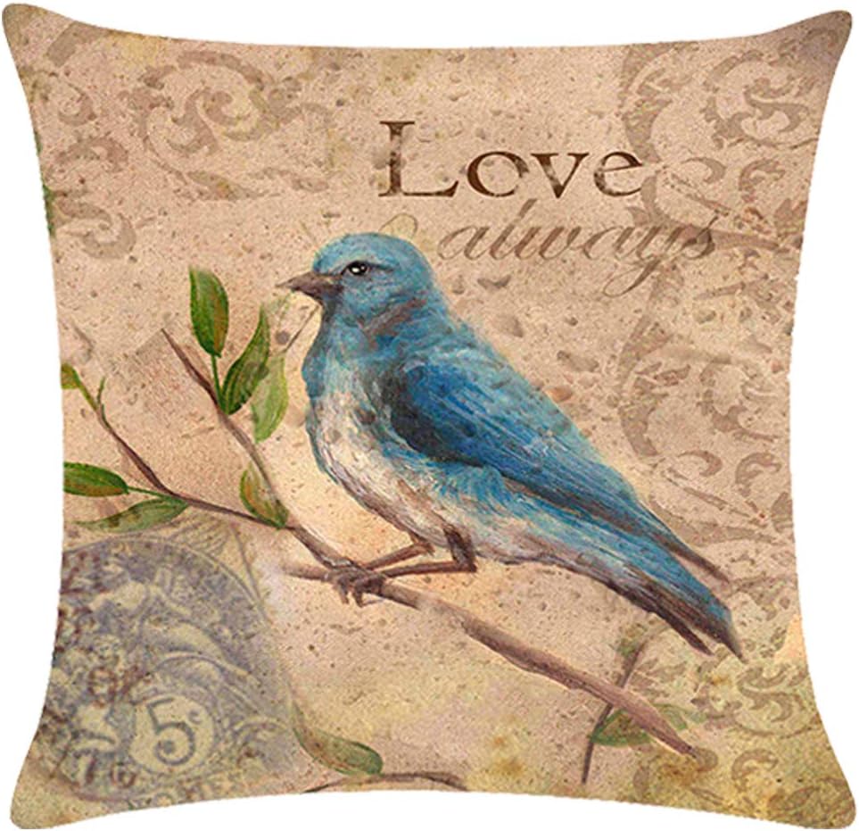 Set of 4 Vintage Bird Pillow Covers Birds On The Branch with Inspirational Words/Sing/Love/Dream/Fly Cushion Cover Cotton Linen Home Decorative Pillowcases