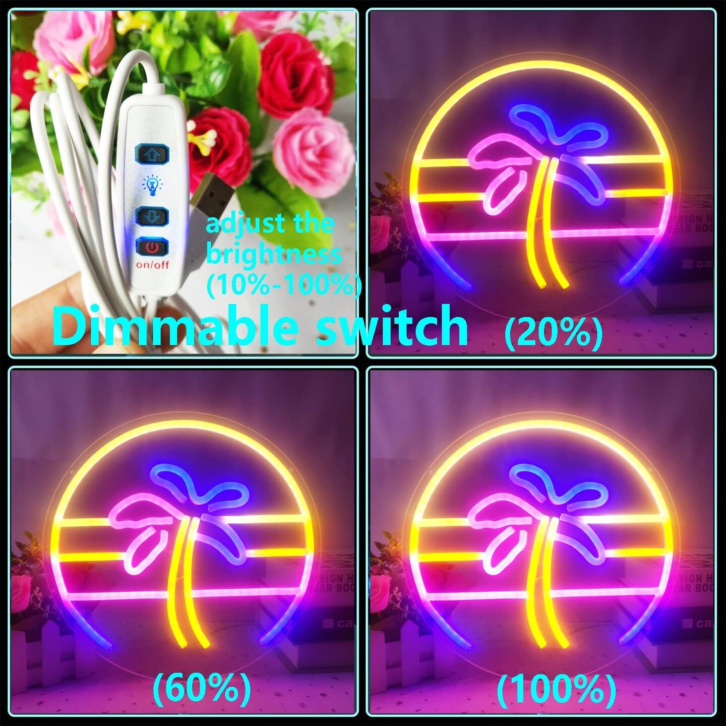 Sunset Neon Sign &#x2013; Dimmable Tropical Coconut Palm Tree Neon Sign, 12&#x22;x 12&#x22; | Aesthetic 80s Retro Palm Tree Wall Decor for Home, Bar, Birthday, and Christmas