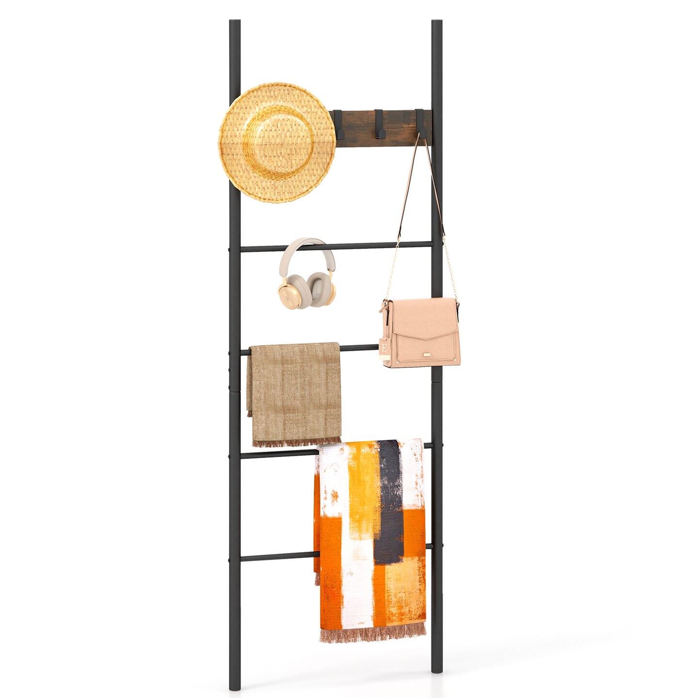 Black Wall-Leaning Decorative Blanket Holder with 5 Removable Hooks and Ladder Shelf
