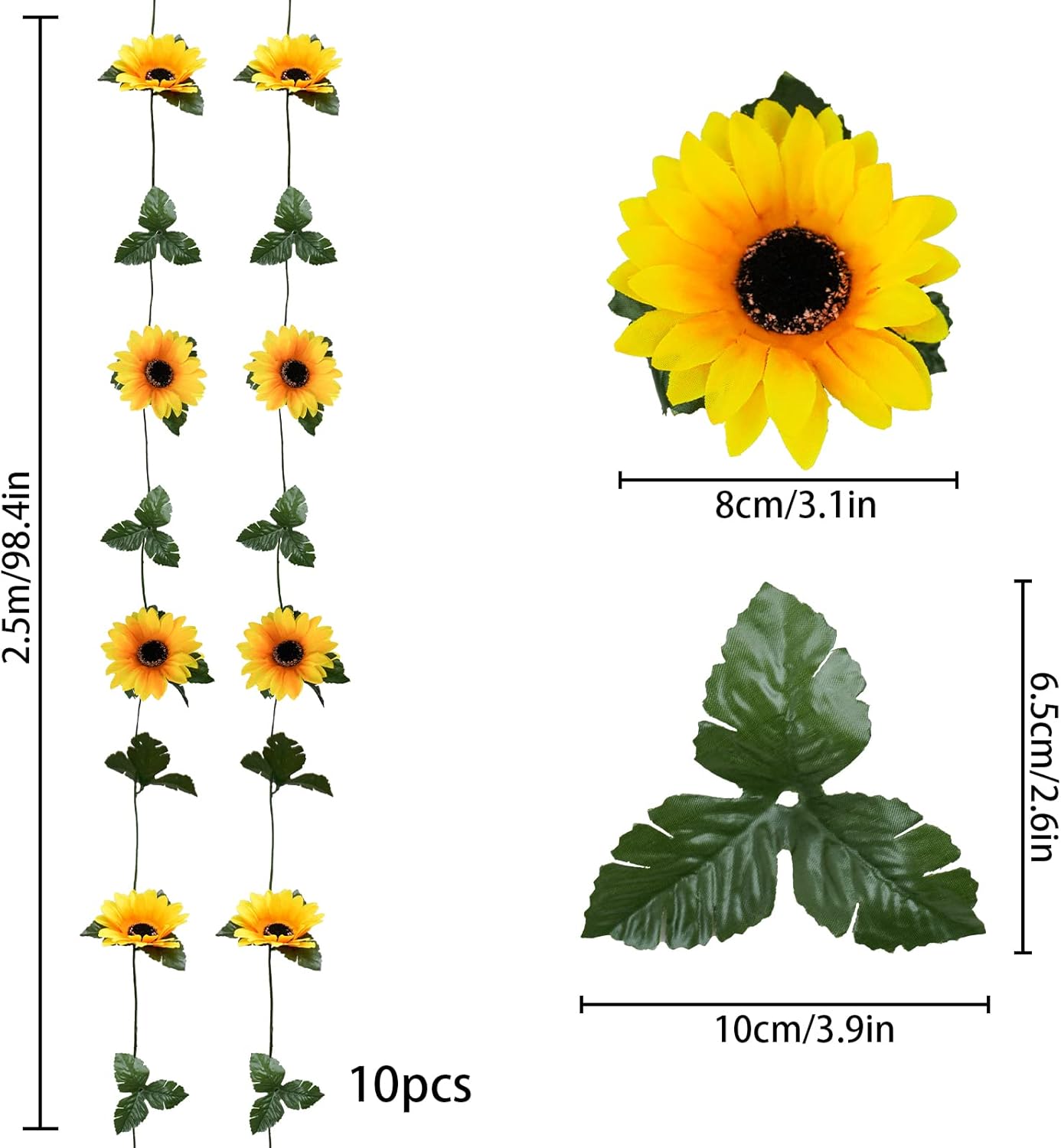 Summer 10 Pack Artificial Sunflower Garland &#x2013; 7ft Silk Sunflowers with Green Leaves for Room, Kitchen, Garden, Wedding Arch, and Outdoor Party Decor