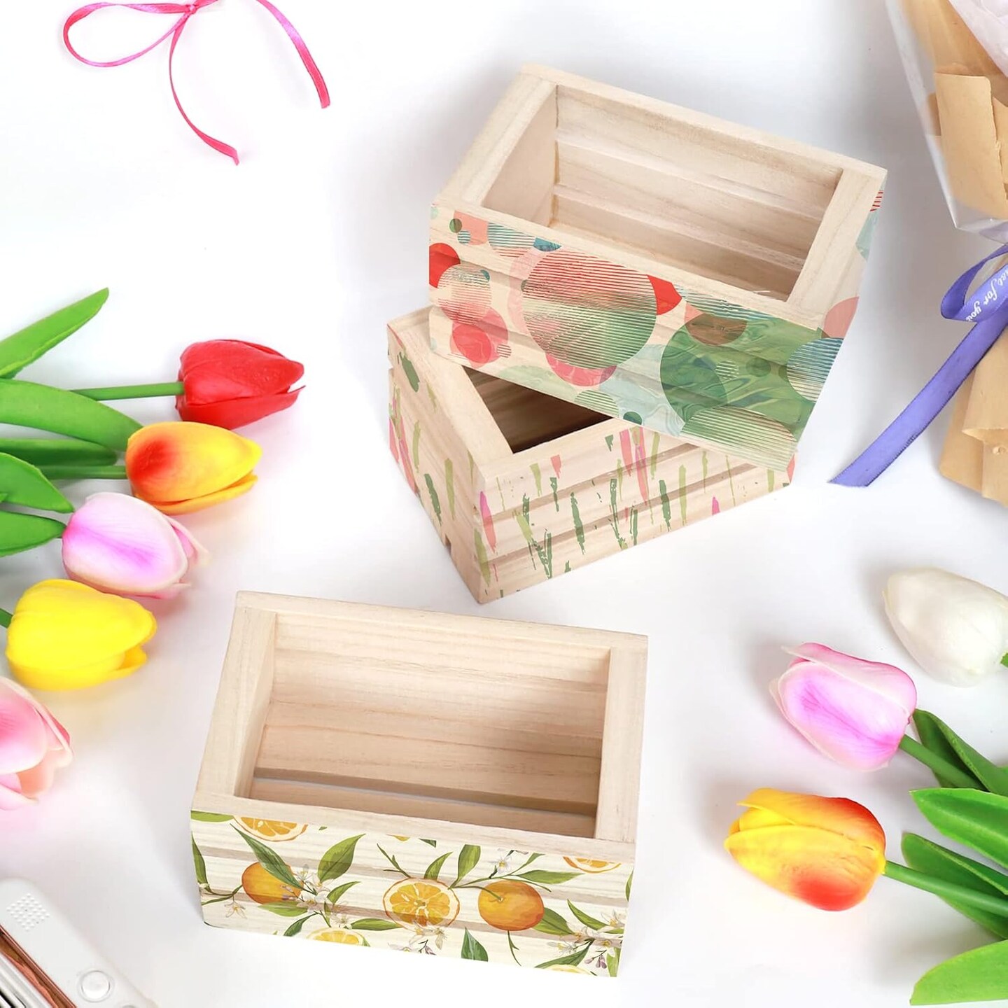 4-Pack Mini Rustic Wooden Crates – Unfinished Decorative Wood Boxes for Storage in Kitchen, Office, Bedroom, Closet, and Rustic Country Décor