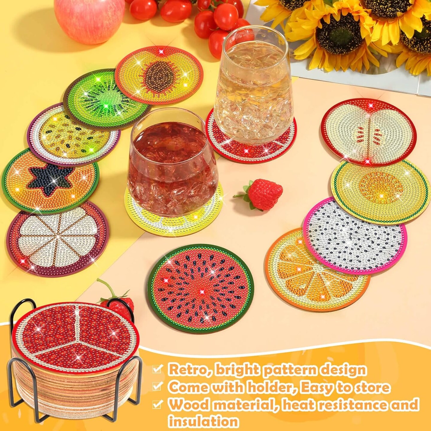 12 Pieces Diamond Art Painting Coasters Kit with Holder, Diamond Art Coasters, DIY Diamond Crafts Projects, Diamond Dot Kits for Adults and Beginners(Fruit Style)