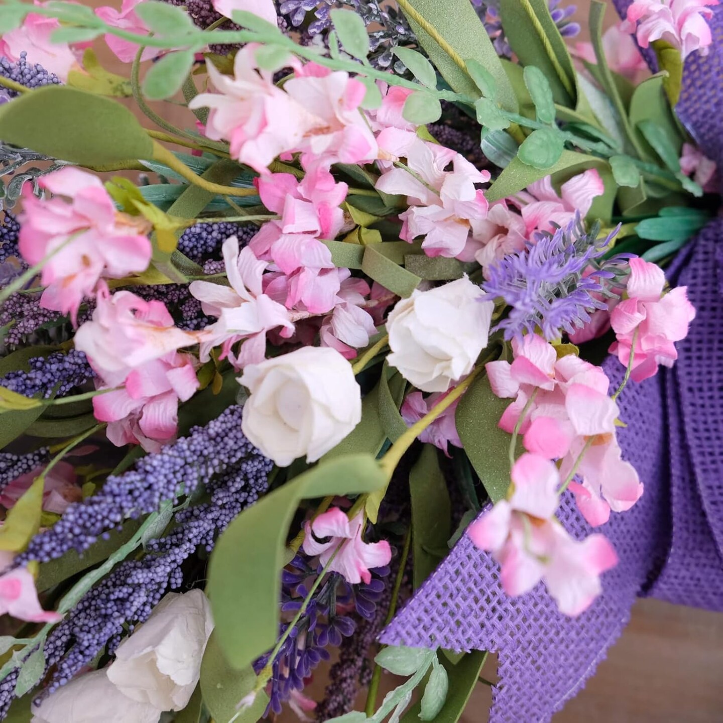 18 Inch Summer Forsythia & Lavender Wildflower Wreath for Front Door – Rustic Farmhouse Artificial Flower Wreath with Burlap Bow for Indoor and Outdoor Home Decor