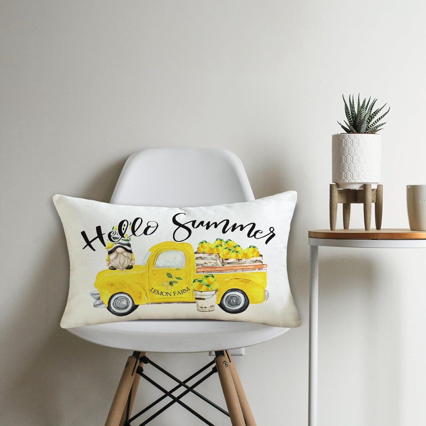 Hello Summer Throw Pillow Cover 12x20 Inch Yellow Truck Lemon Gnome Decorative Pillowcase Farmhouse Seasonal Lumbar Cushion Case for Sofa Couch Porch Home Decor