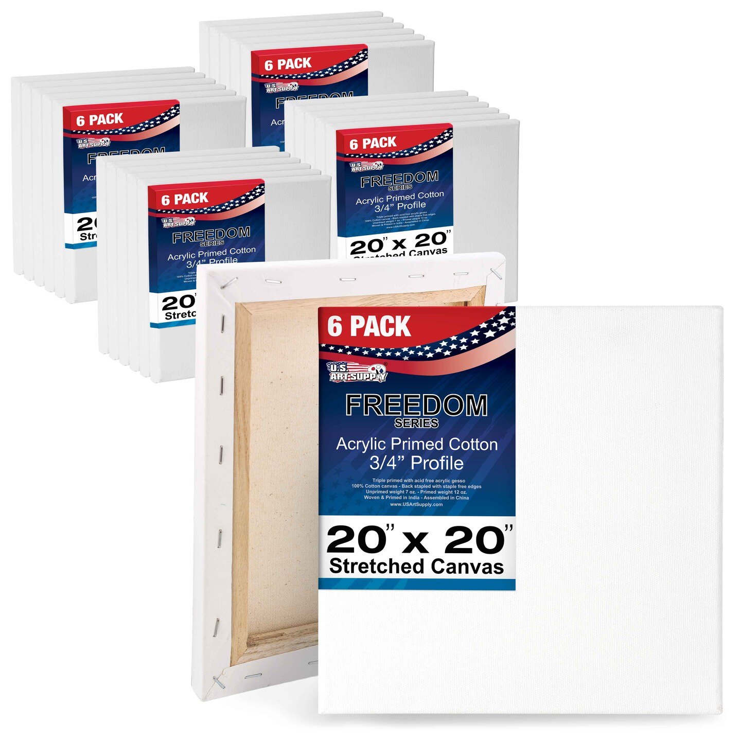 20 x 20 inch Stretched Canvas 12-Ounce Triple Primed, 24-Pack - Professional Artist Quality White Blank 3/4&#x22; Profile, 100% Cotton, Heavy-Weight Gesso