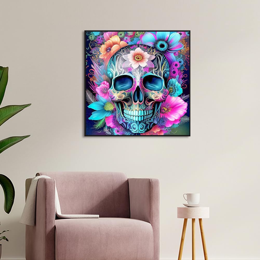 Skull Flower Diamond Painting Kits for Adults, Sugar Skull Diamond Art Kit Beginners DIY 5D Full Drill Round Skeleton Diamond Painting Gem Art for Home Wall Decor Gift 13.78 X 13.78 Inch