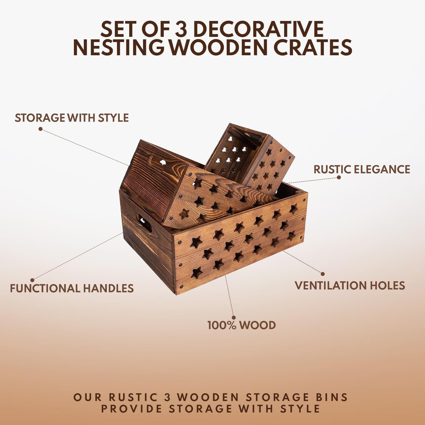 Set of 3 Decorative Nesting Wooden Crates with Handles