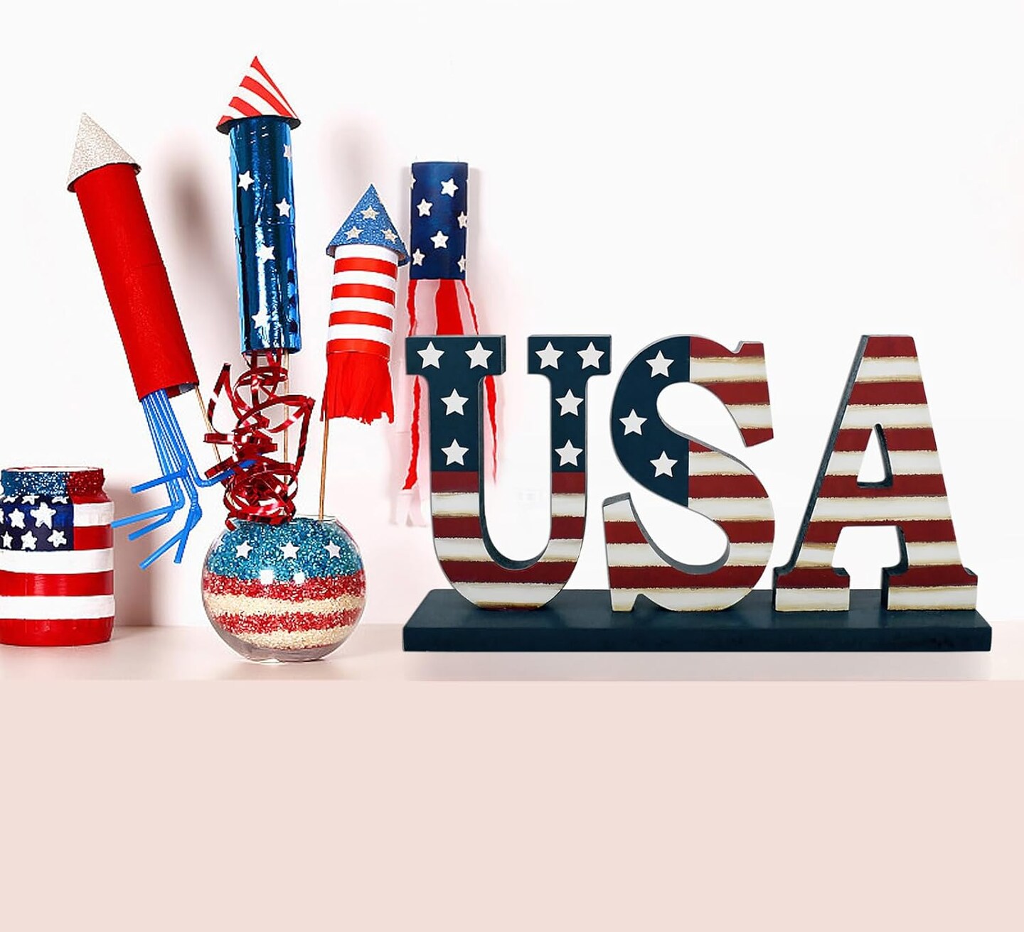 4th of July Wood Patriotic USA Sign Memorial Day Tabletop Decoration Free Standing Wooden Word Cutout US Flag Letters Centerpiece Sign for Independence Day Veterans Party American Decor