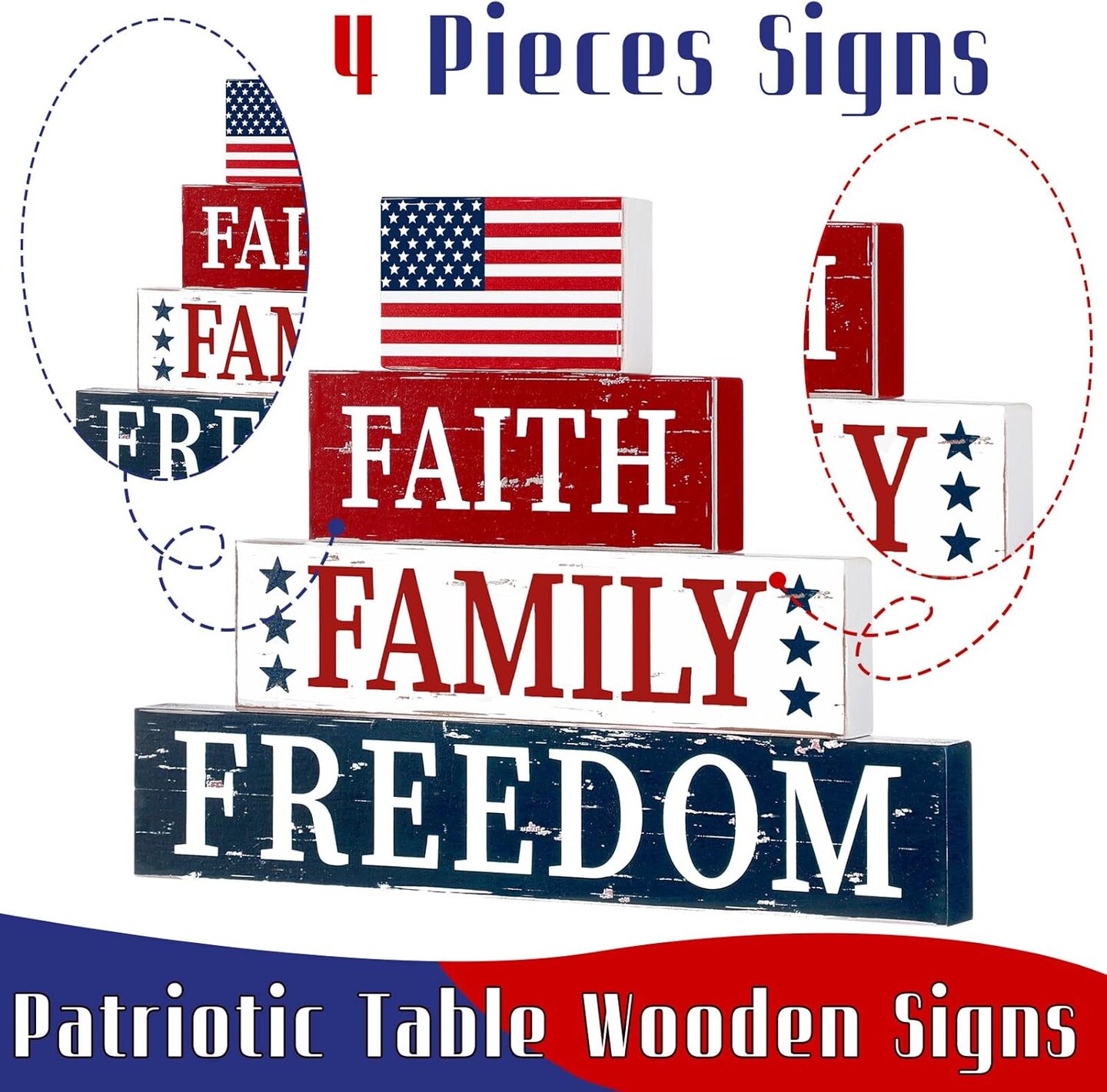4 Pieces 4th of July Wooden Block Patriotic American Wood Sign Independence Day Tiered Tray Decorations Patriotic Wood Decor for Home Table Decoration, 4 Sizes