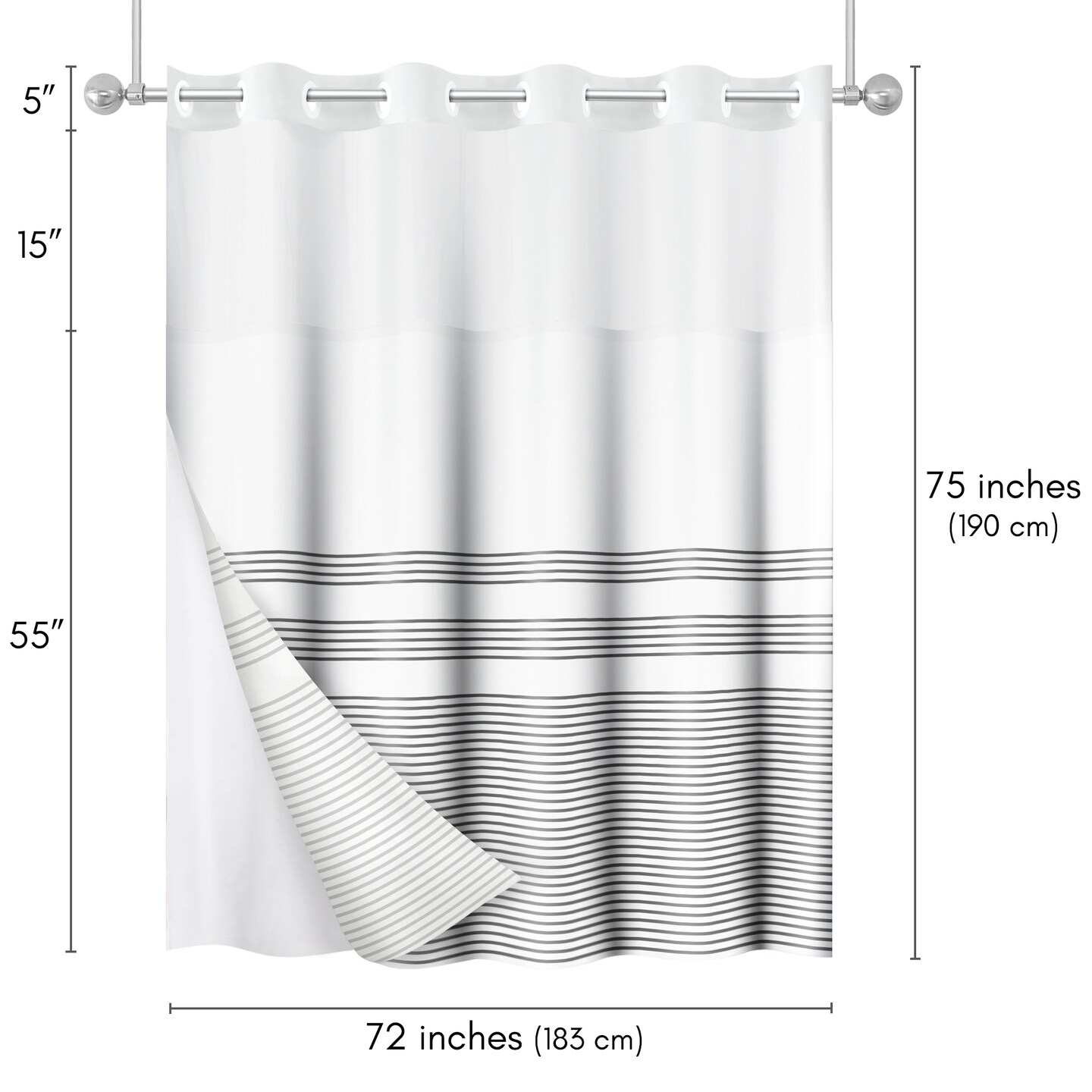 Americanflat 72x75 Hookless Shower Curtain - Water-Resistant Shower Curtain with Sheer Panel, Snap-In Liner, and Grommets - 100% Polyester