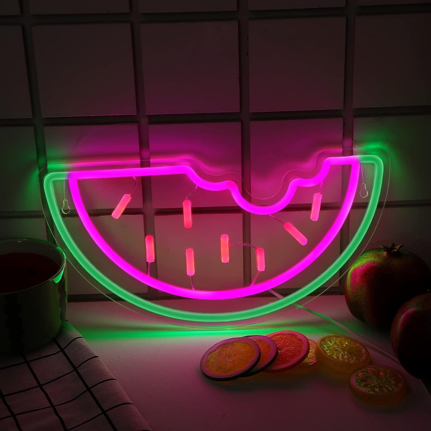 Summer Watermelon Neon Sign USB Operated Acrylic LED Neon Light Fruit Art Decorative LED Light Signs for Home Bedroom Bar Birthday Party Wedding Office Lounge Patio