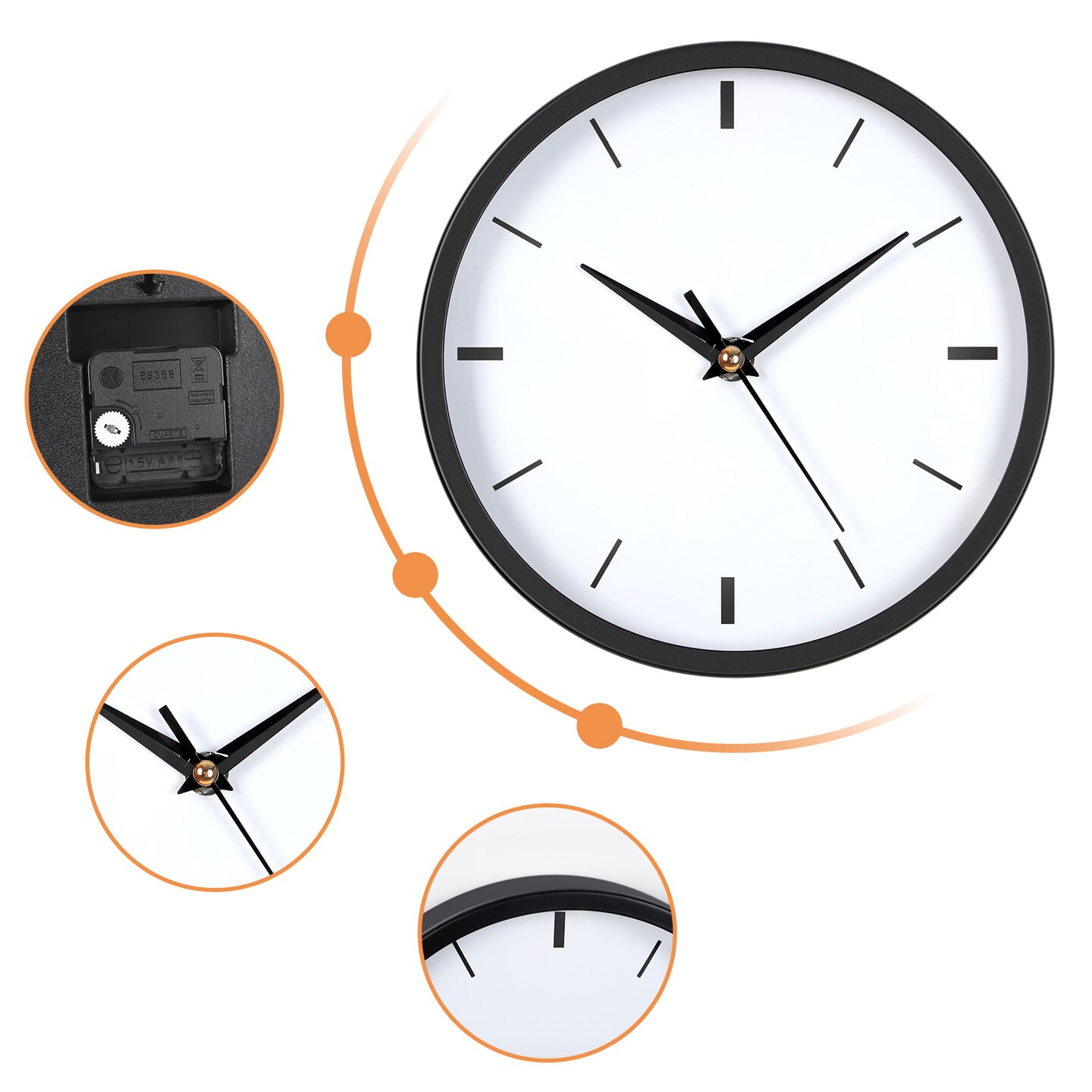 8 Inch Stainless Steel Wall Clock (20 cm) - Silent Battery Operated Non-Ticking Clock with Brushed Metal Finish, Black Dial for Living Room, Bedroom, Office