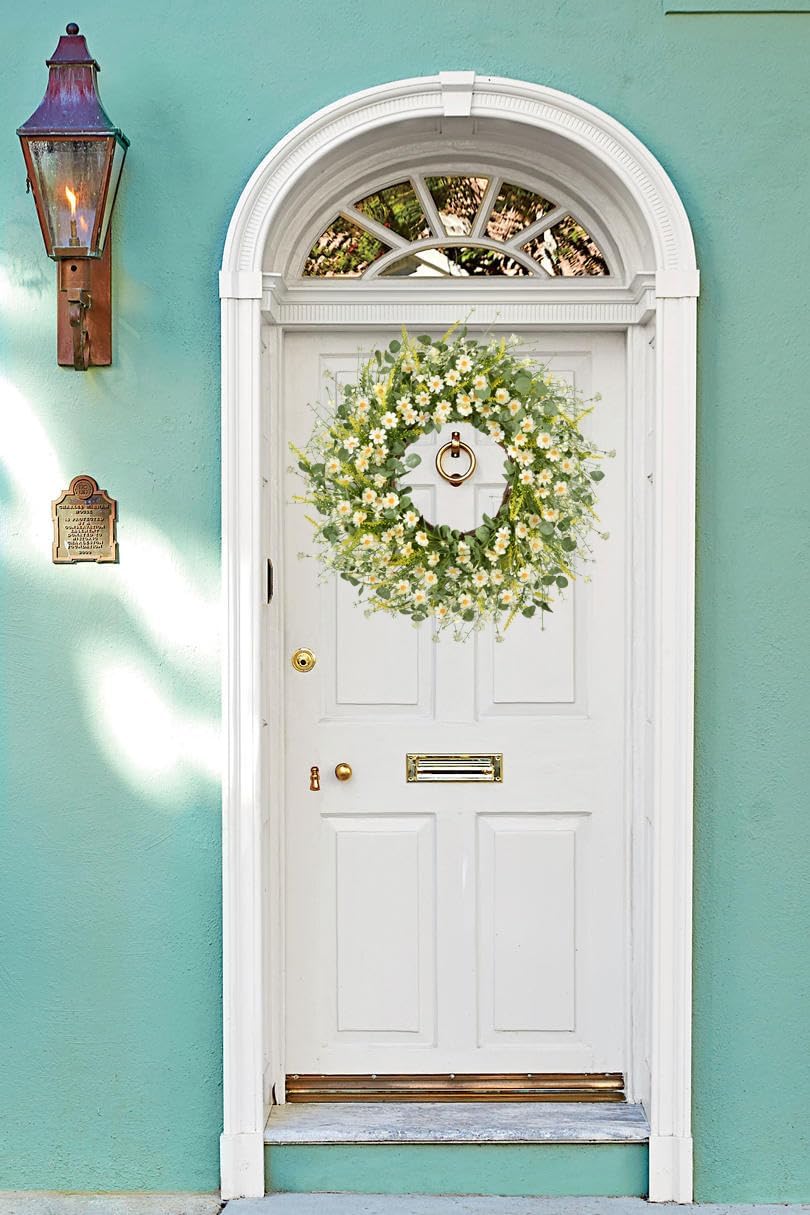Summer 24 Inch Artificial Daisy Flower Wreath with Eucalyptus Leaves, Silk Flowers, and White Berries for Front Door and Wall Decor