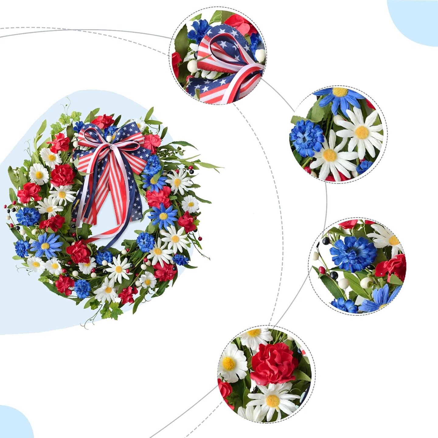 20inch Patriotic American Wreaths for Front Door,4th of July Independence Day Wreath Red White Blue Wreath for Window Door Decoration