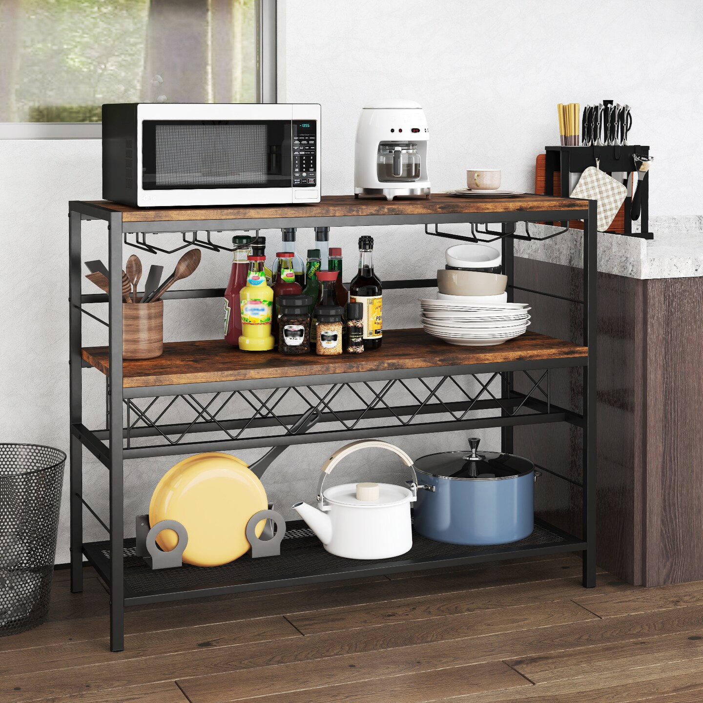 41 Inch 4-Tier Rustic Brown Metal Frame Bar Table with Wine Rack and Glass Holders