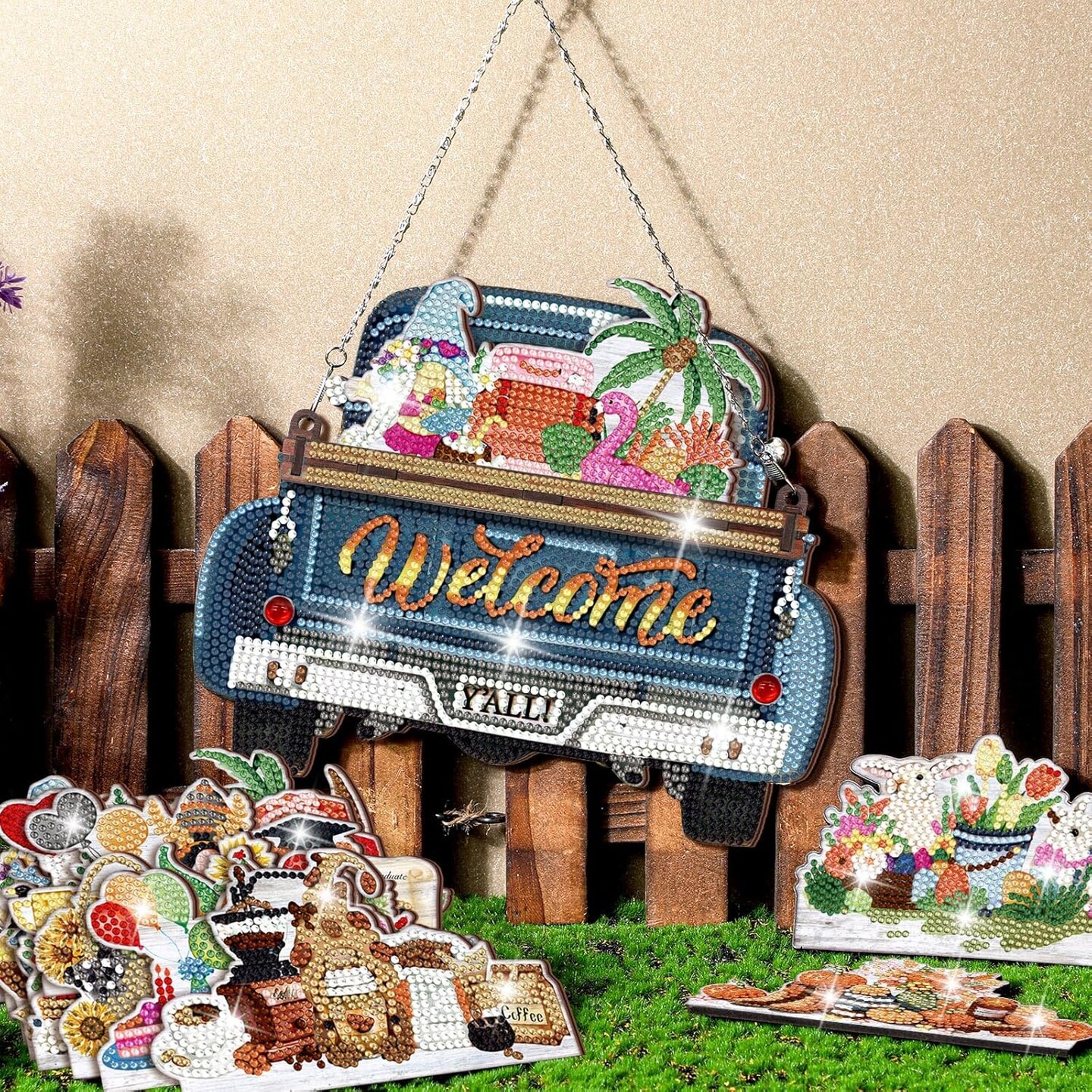 21 Pcs Interchangeable Diamond Painting Welcome Sign for Front Door Diamond Painting Truck Decor Interchangeable Seasonal Welcome Sign for DIY Art Kit Wall Window Door Farmhouse