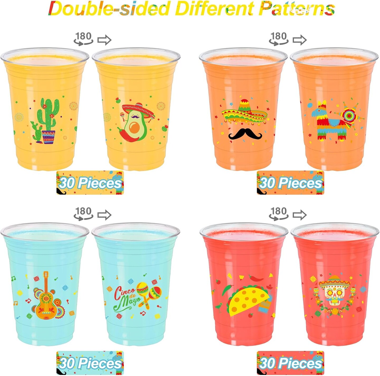 120 Pieces 16 oz Mexican Fiesta Plastic Cups Clear Disposable Cups with Double-sided Different Patterns Cinco De Mayo Drinkware Party Supplies Fiesta Taco Birthday Decorations, 4 Styles