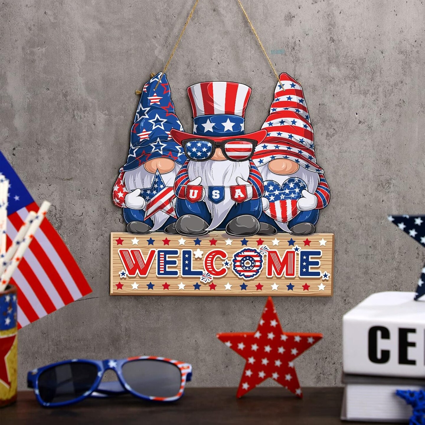 2 Pcs 4th of July Welcome Sign Decorations Patriotic Gnomes Wooden Signs Star American Flag Large Hanging Decor for Independence Day Party Memorial Day Outdoor Home Front Door Window Wall Ornament