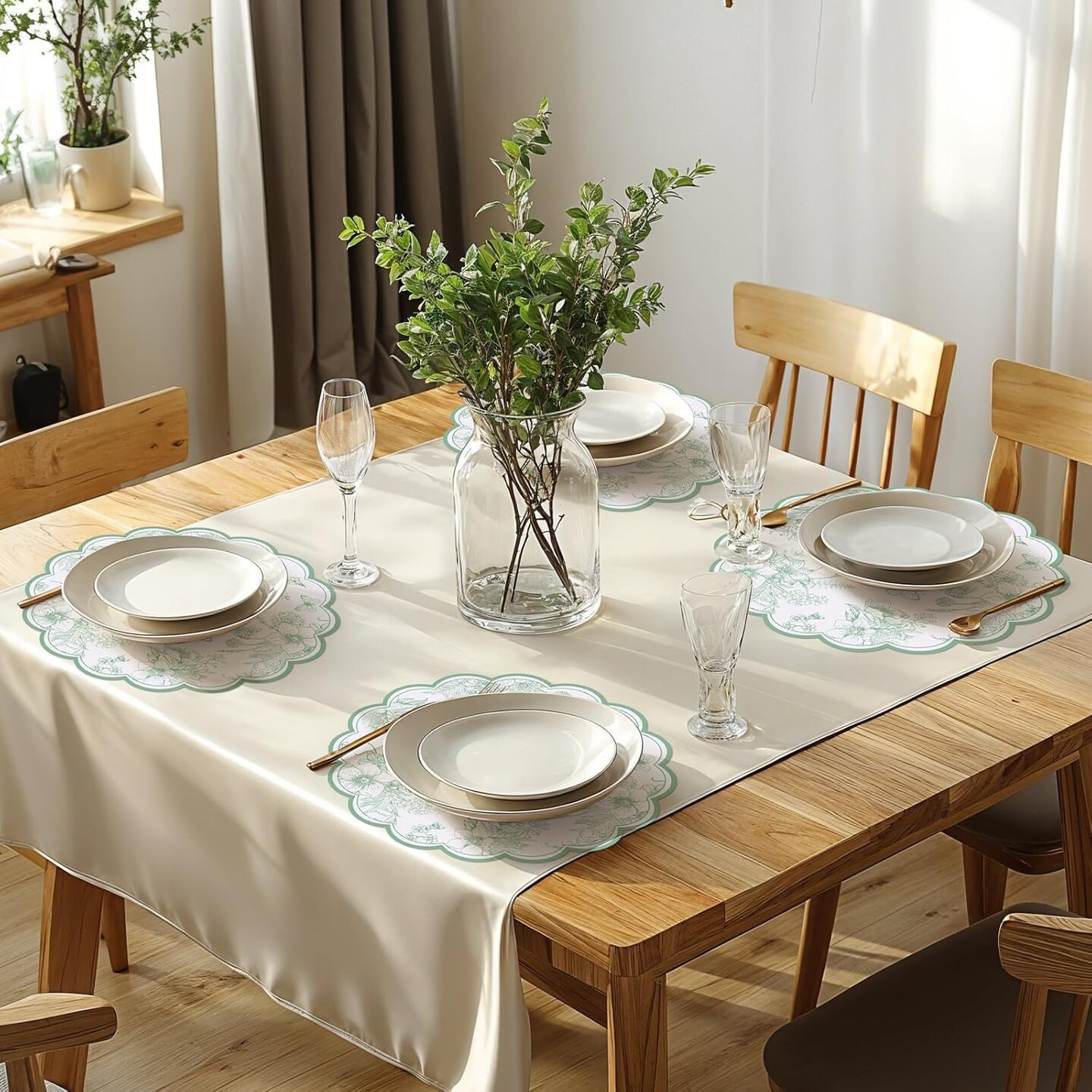 60 Pcs Sage Green Floral Paper Placemats, 13.5 Inch Disposable Scalloped Table Mats Vintage Floral Banquet Place Mats Sage Green Toile Placemat for Table Setting Wedding Bridal Tea Party Supplies