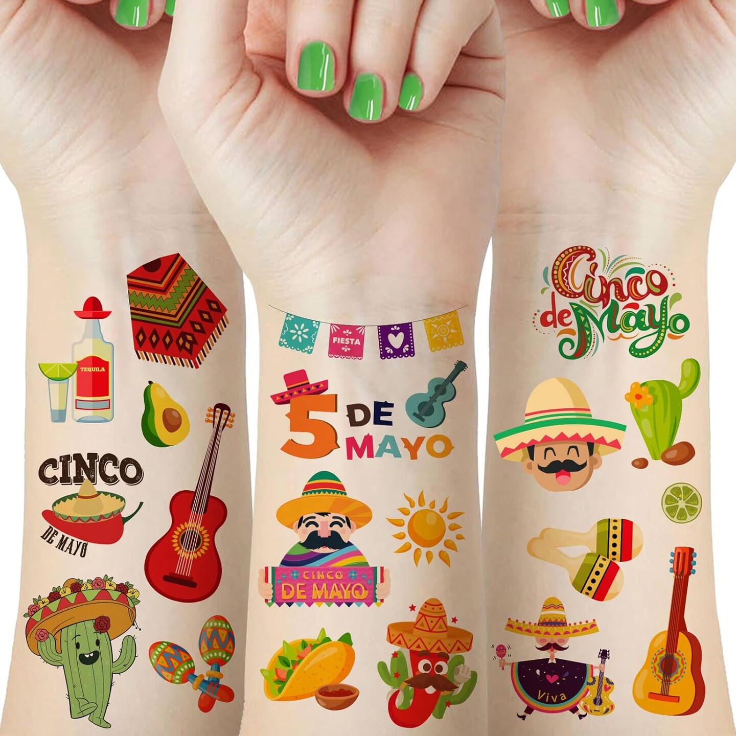 60 Pieces Cinco De Mayo Mexican Fiesta Tattoos for Kids, Fiesta Party Decorations, Taco Pinata Bachelorette Temporary Tattoo Stickers for Party Supplies Favors